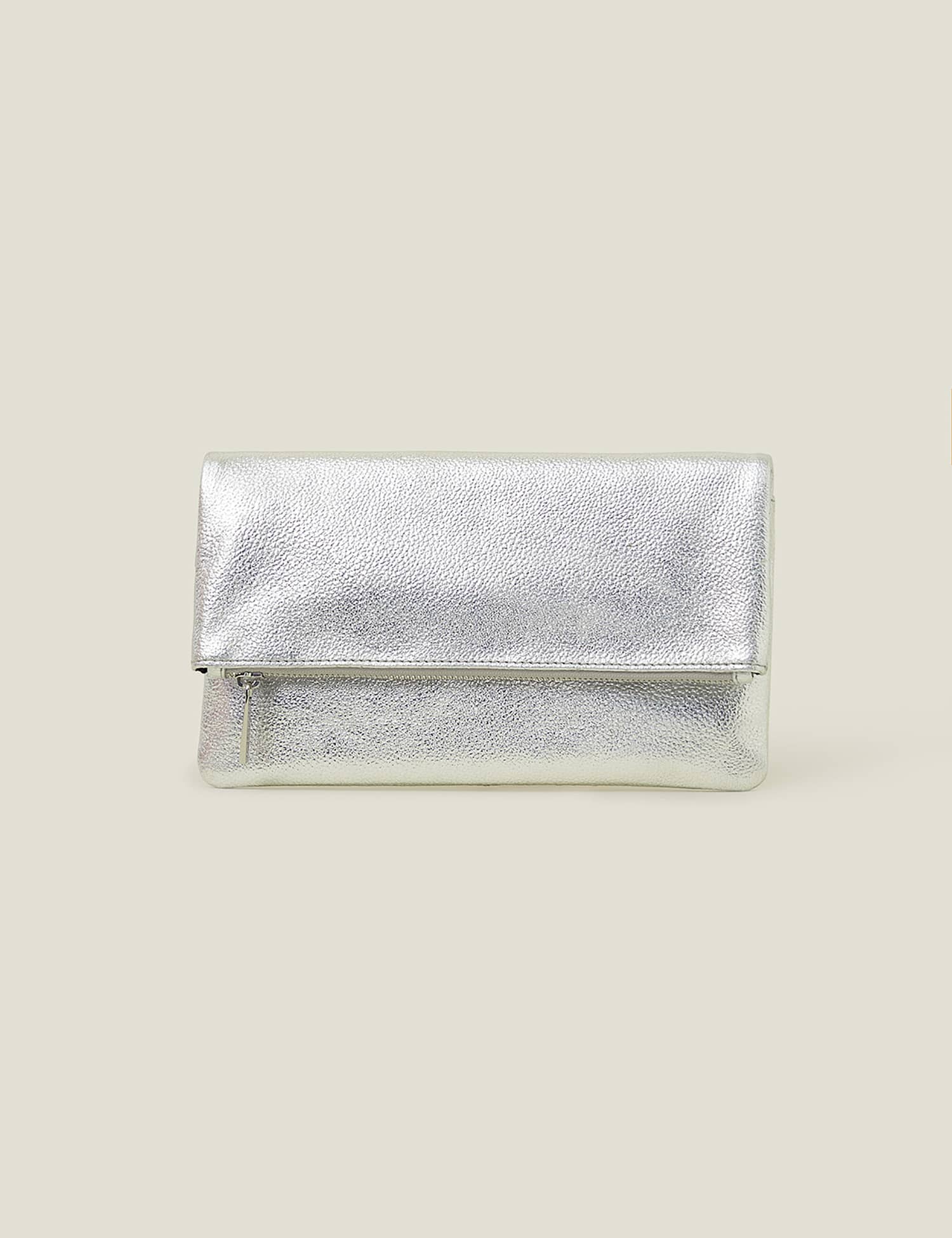 ACCESSORIZE Leather Metallic Fold Over Clutch Bag Silver