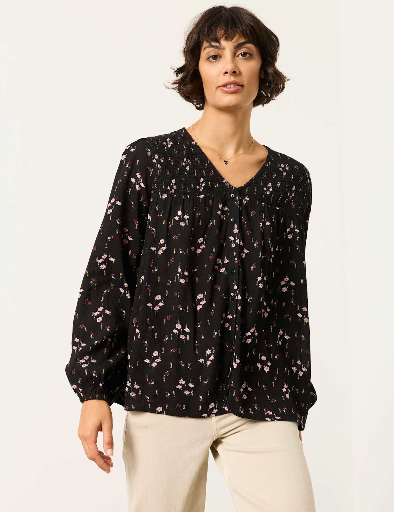 FatFace Floral V Neck Button Detail Blouse Black Mix