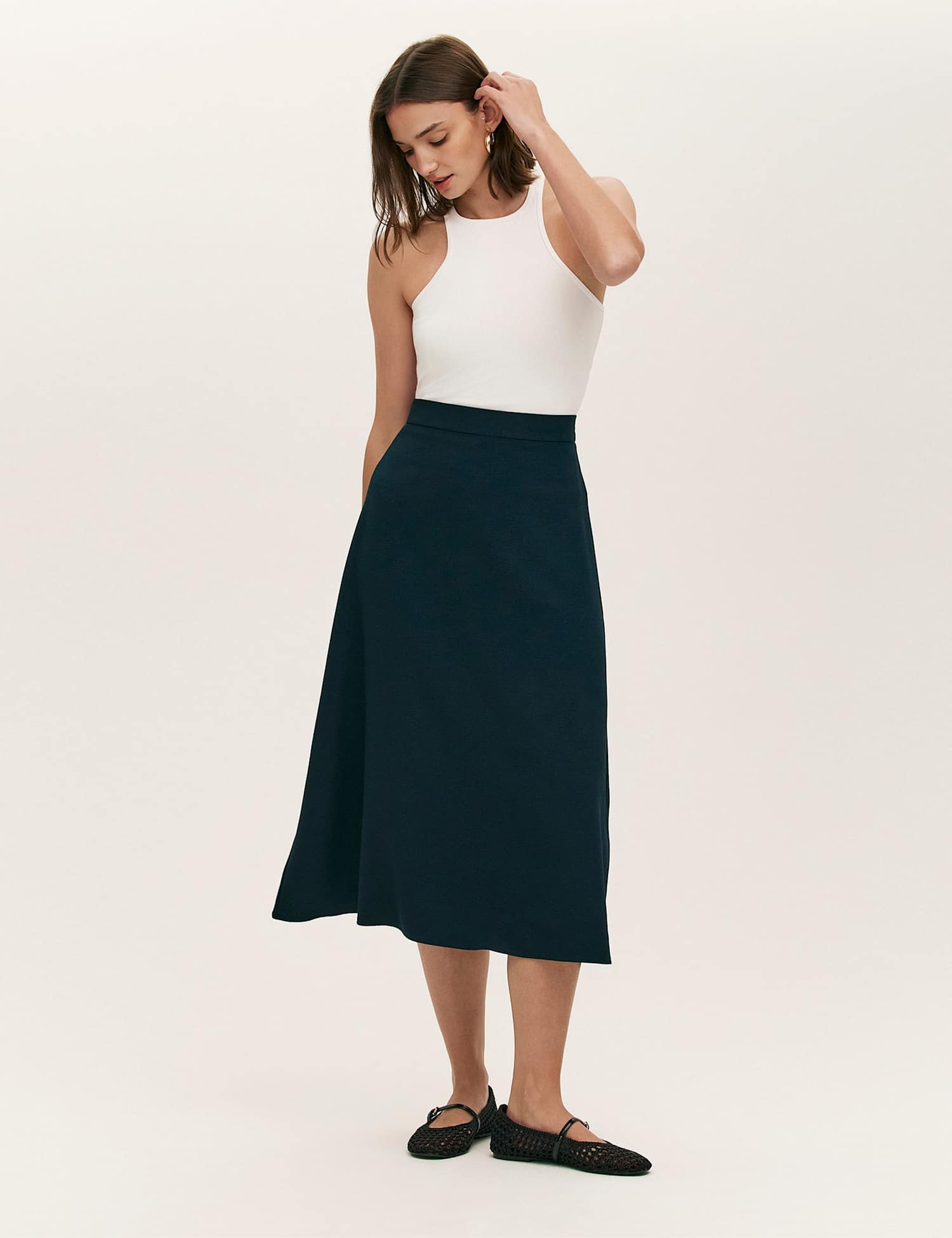 Finery London Crepe Midi A-Line Skirt Navy