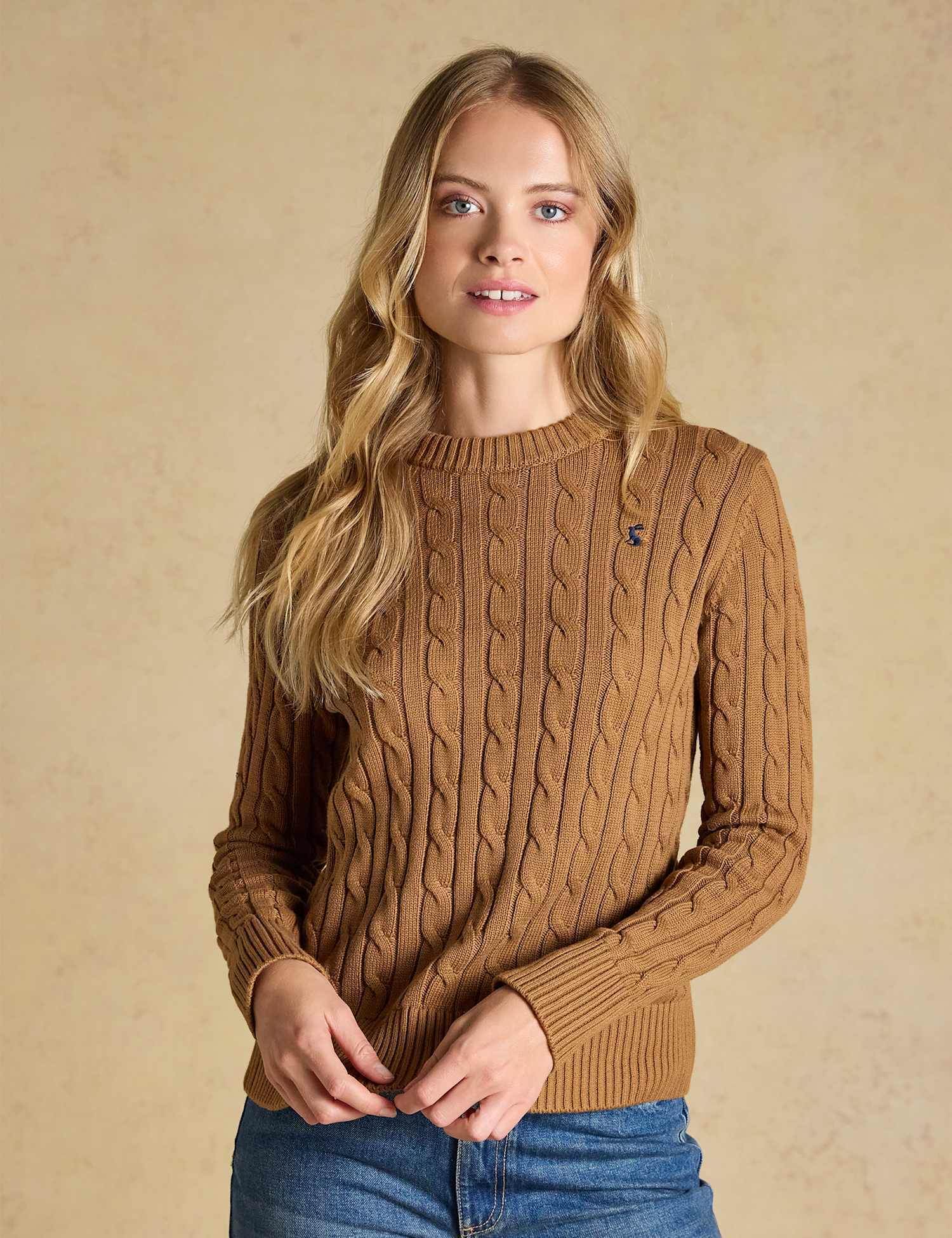 Joules Pure Cotton Cable Knit Crew Neck Jumper Camel