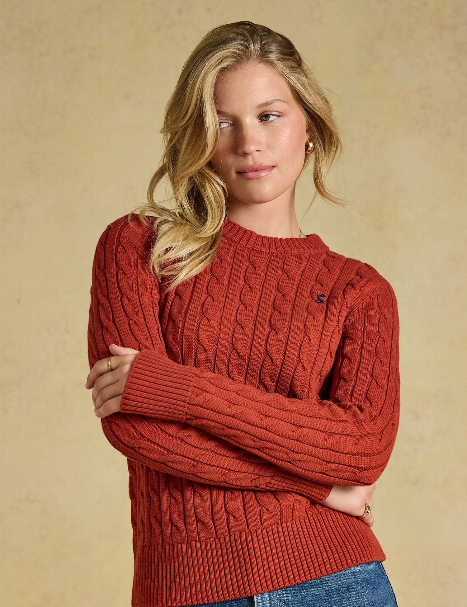 Joules Pure Cotton Cable Knit Crew Neck Jumper Orange