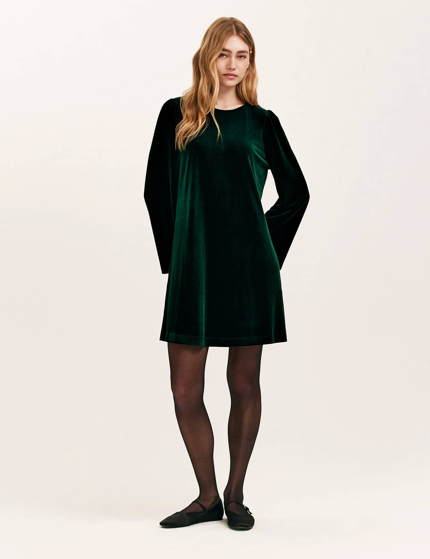 Finery London Velvet Round Neck Knee Length Skater Dress Green