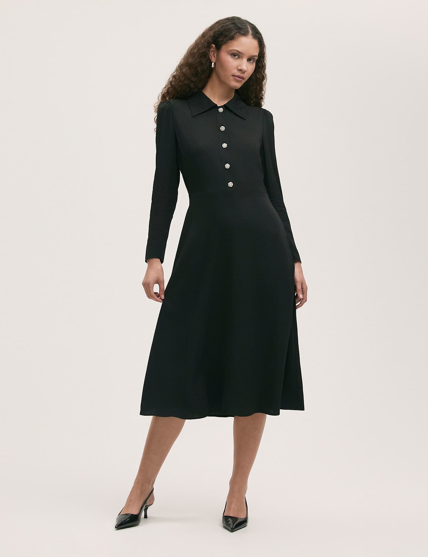 Finery London Crepe Collared Button Detail Midi Shirt Dress Black