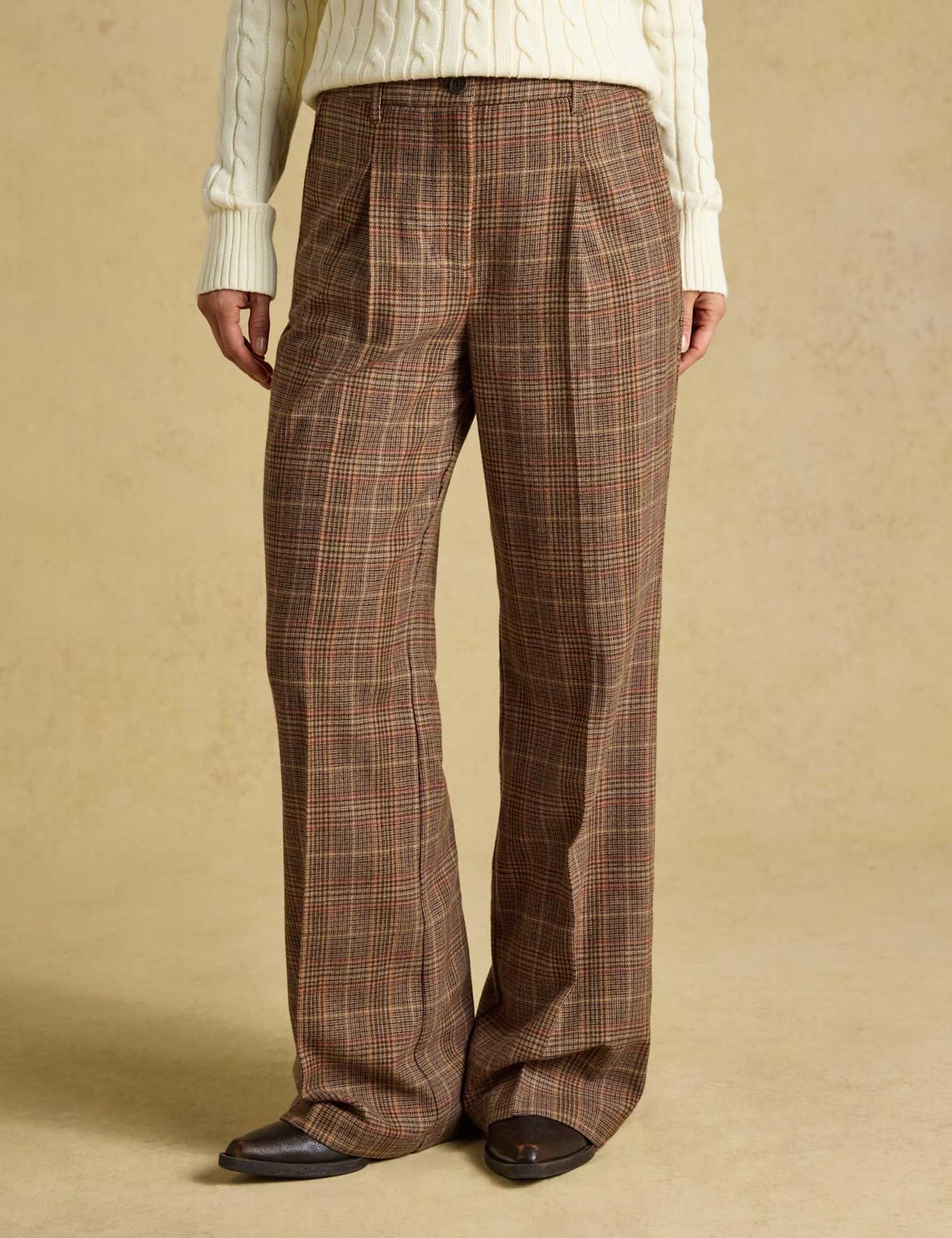 Joules Wool Rich Tweed Checked Wide Leg Trousers Brown Mix
