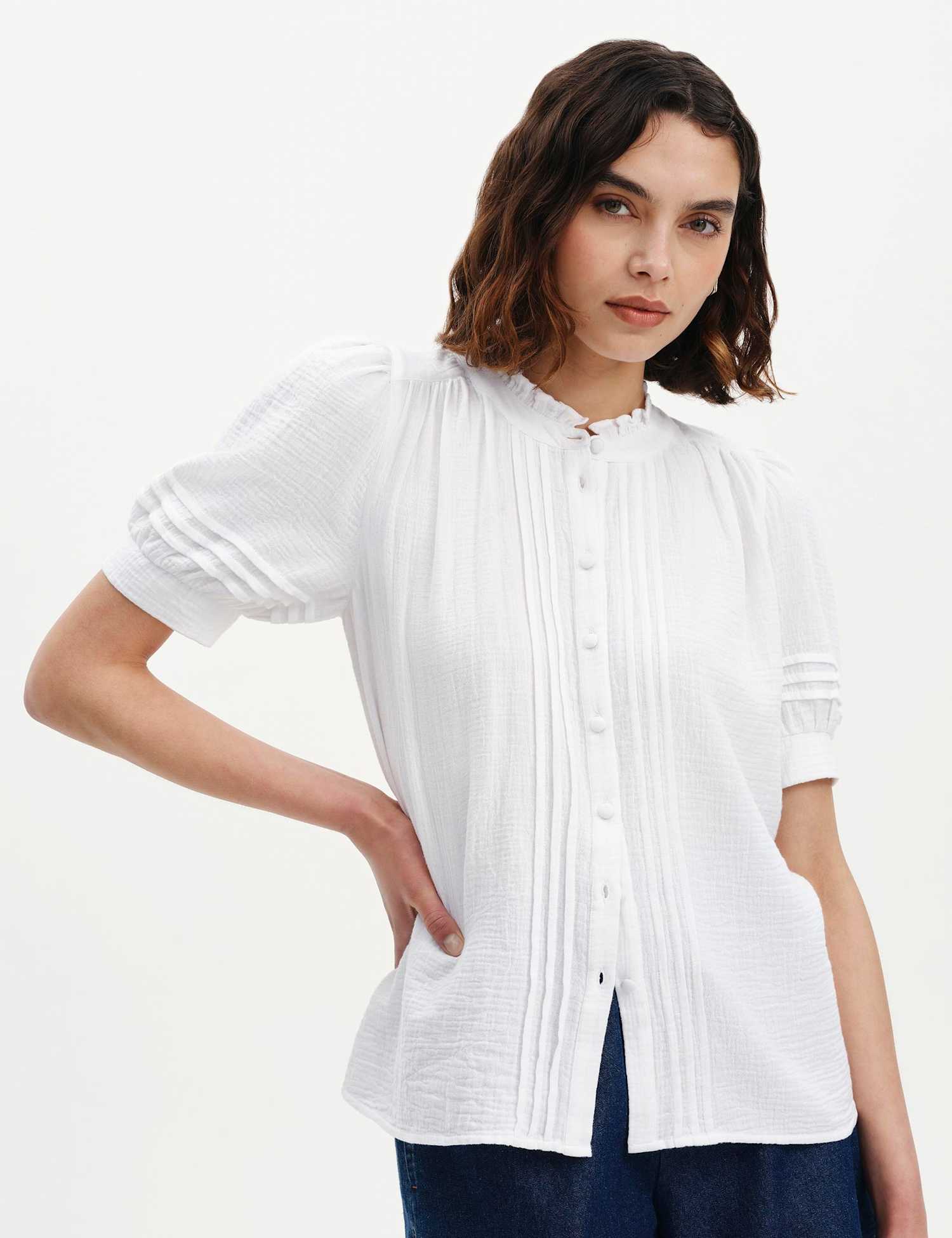 Finery London Pure Cotton High Neck Pintuck Blouse White