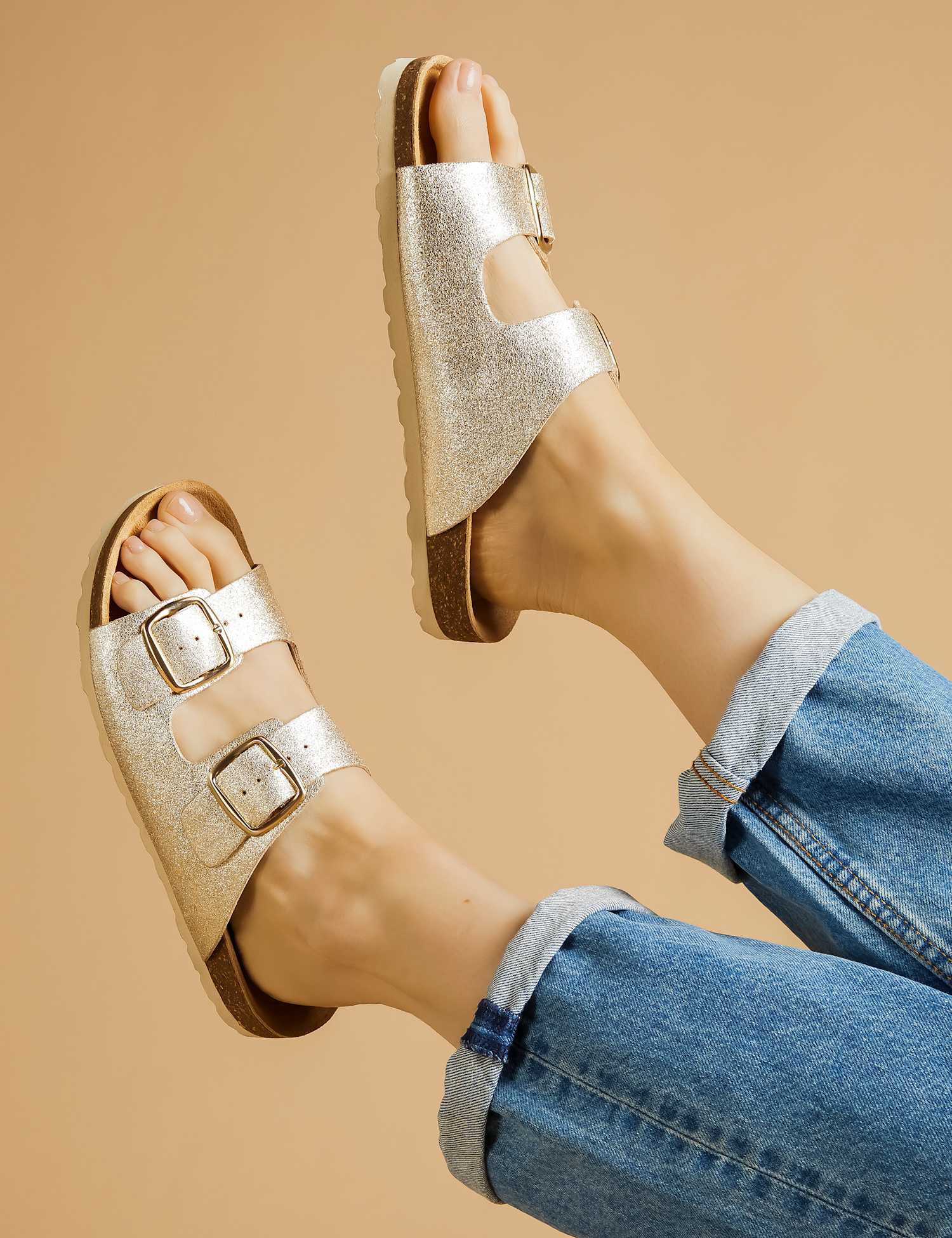 Jones Bootmaker Leather Metallic Buckle Flat Sandals Gold