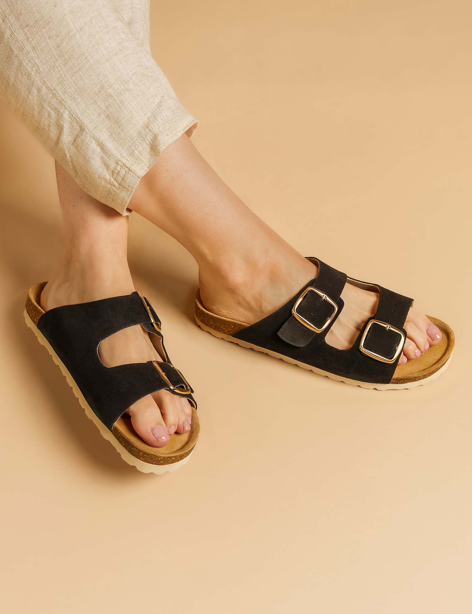 Jones Bootmaker Leather Metallic Buckle Flat Sandals Black