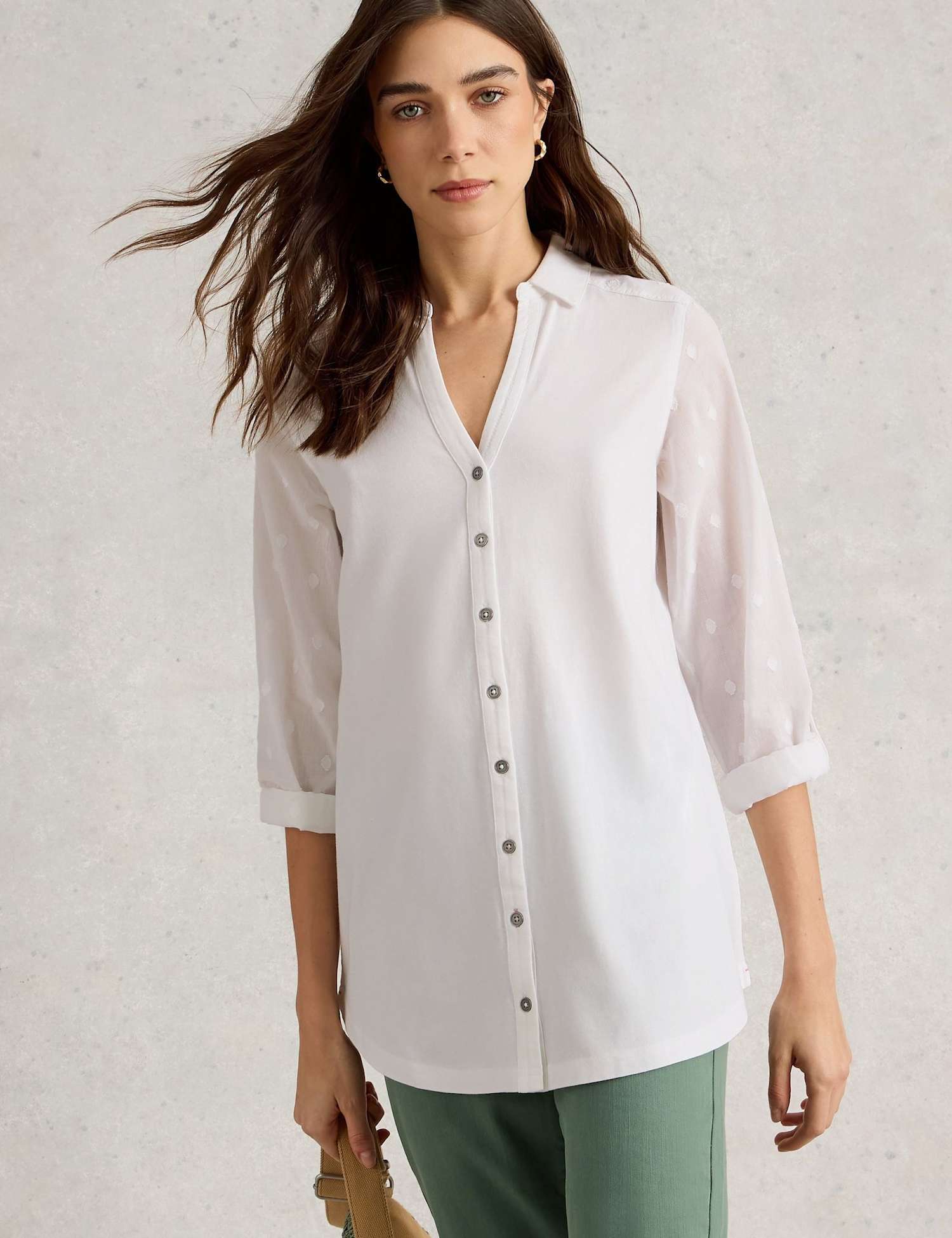 White Stuff Pure Cotton Collared Longline Shirt White
