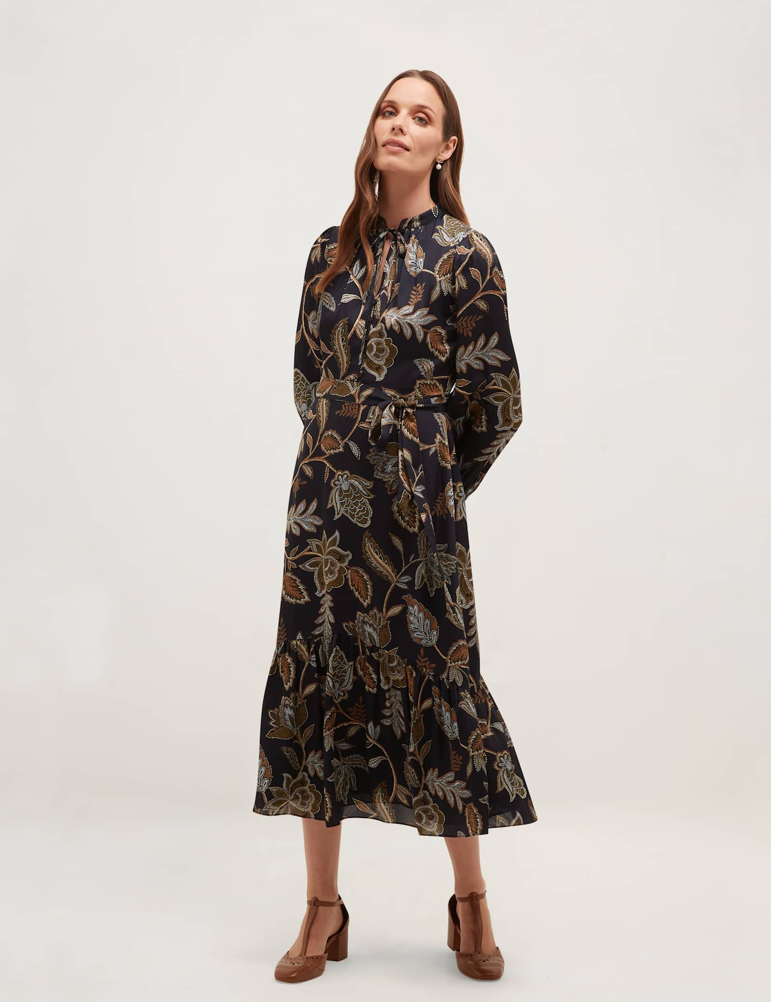 HOBBS Paisley Tie Neck Knee Length Skater Dress Blue Mix