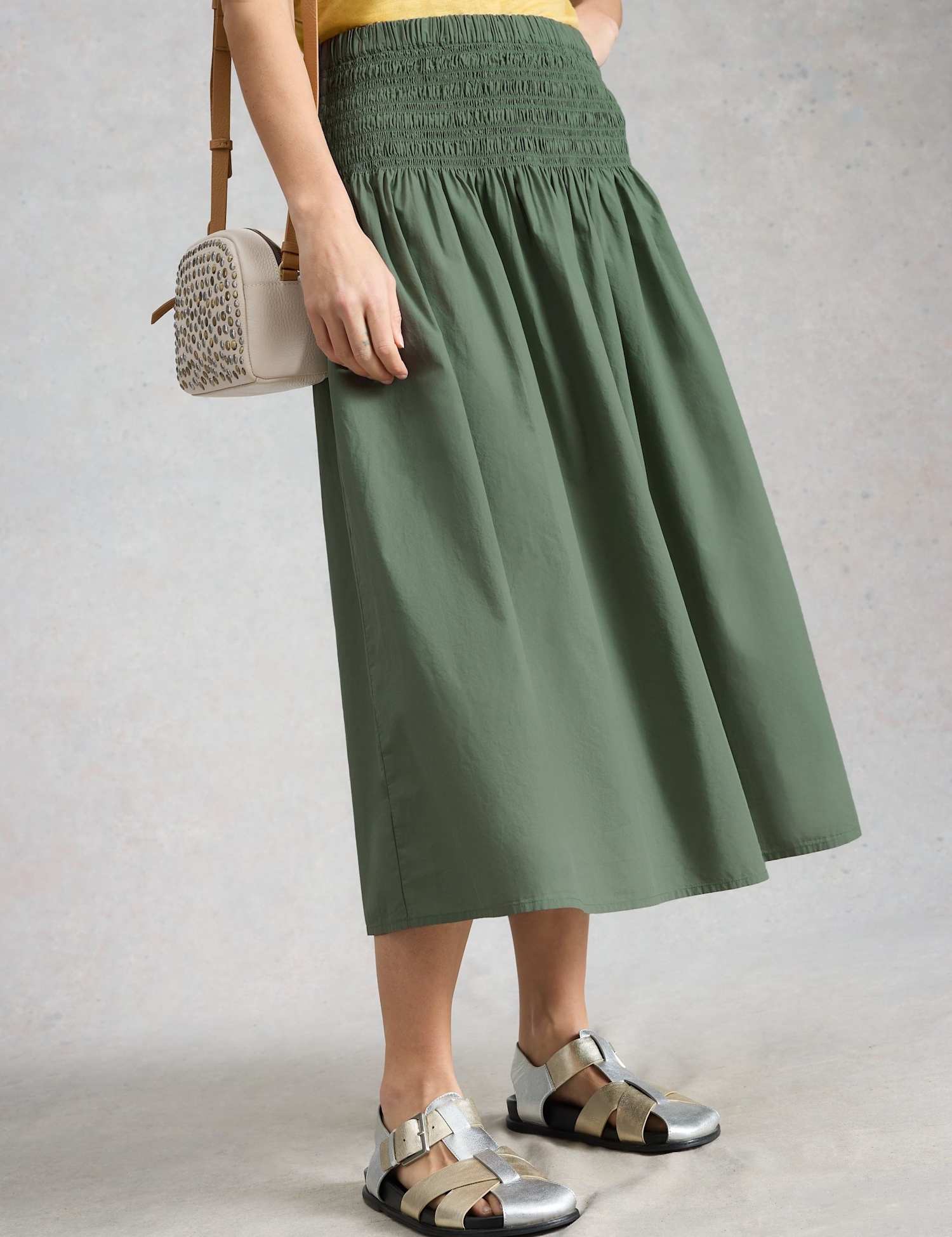 White Stuff Pure Cotton Shirred Midi A-Line Skirt Green