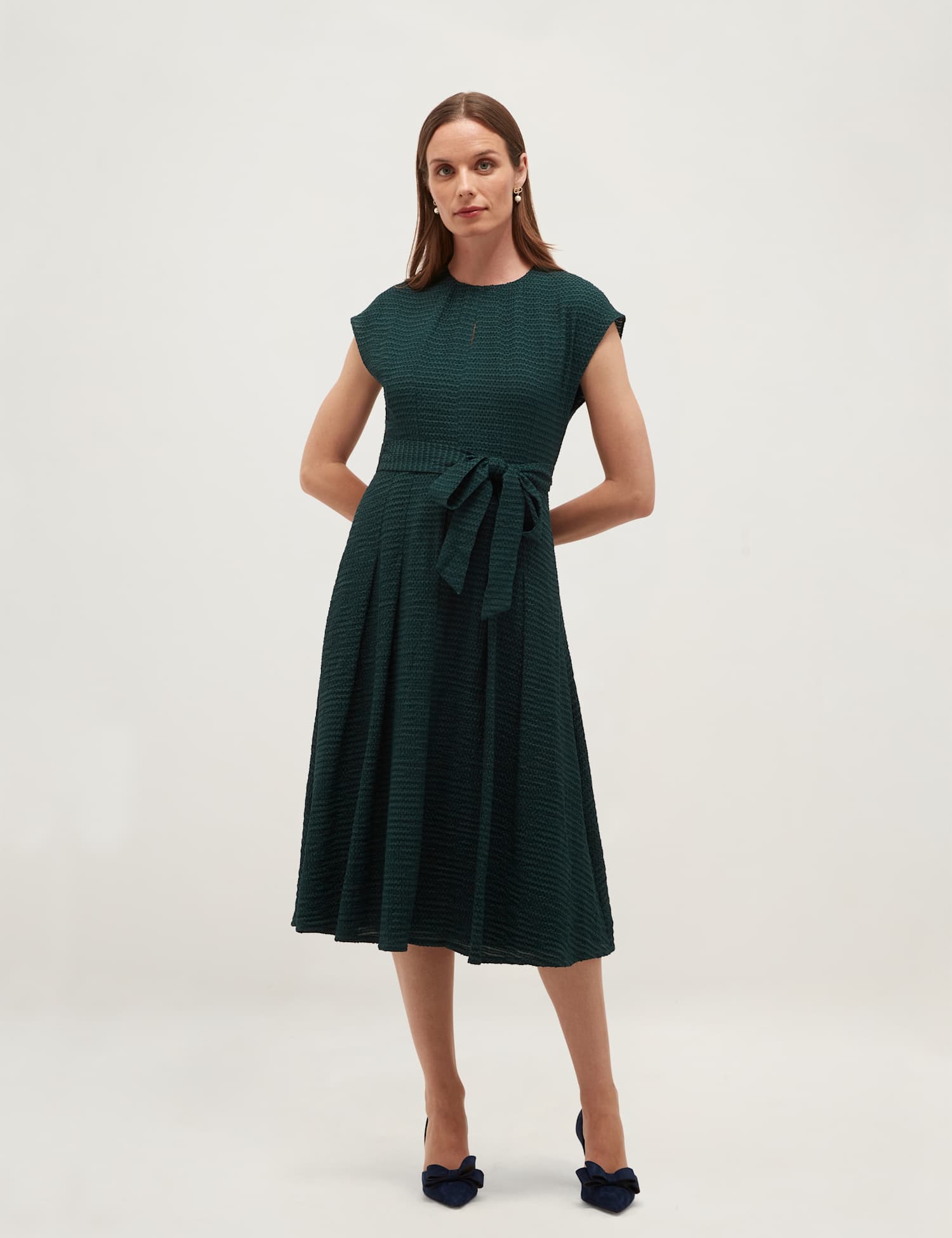 HOBBS Textured Tie Waist Knee Length Skater Dress Green