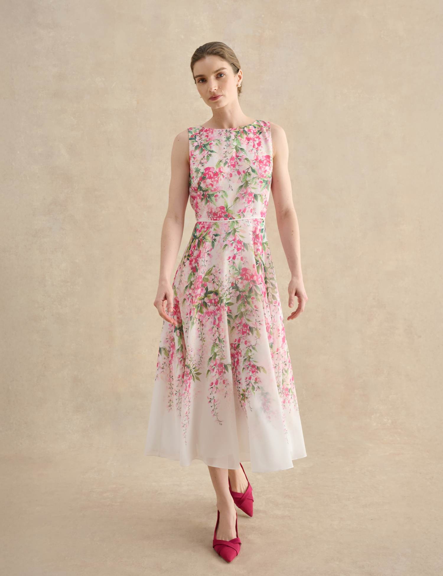 HOBBS Sheer Floral Midi Skater Dress White Mix
