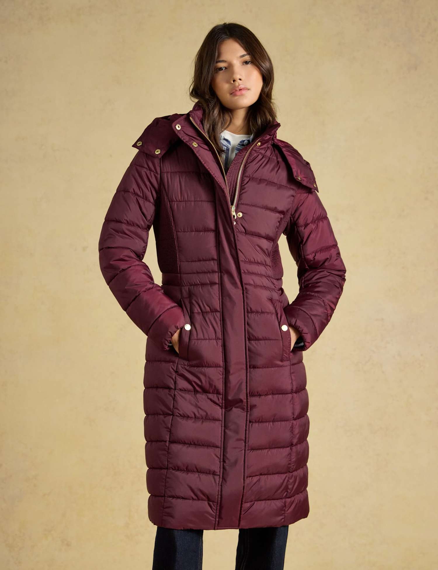 Joules Showerproof Longline Padded Coat Burgundy