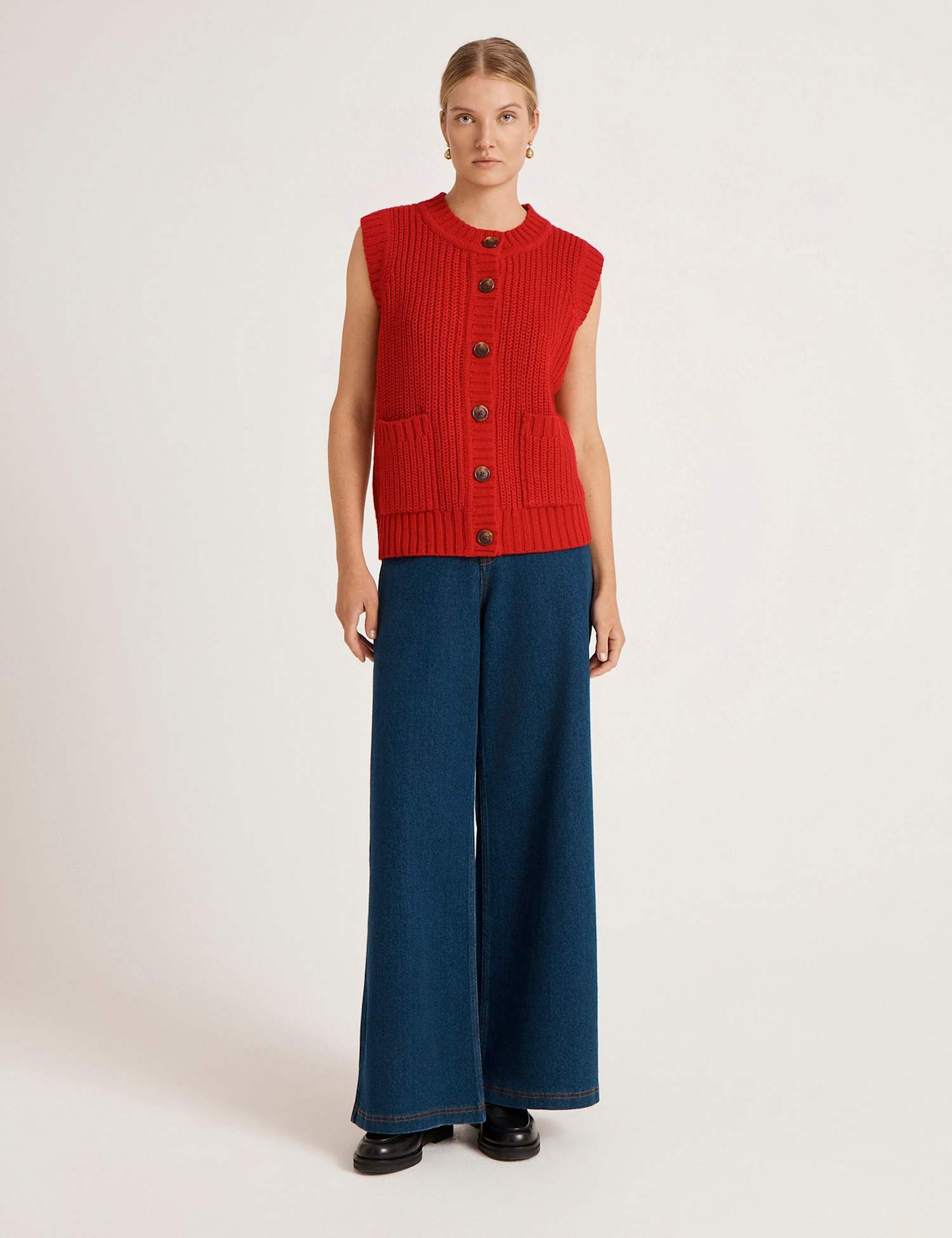 Finery London Textured Round Neck Button Knitted Vest Red