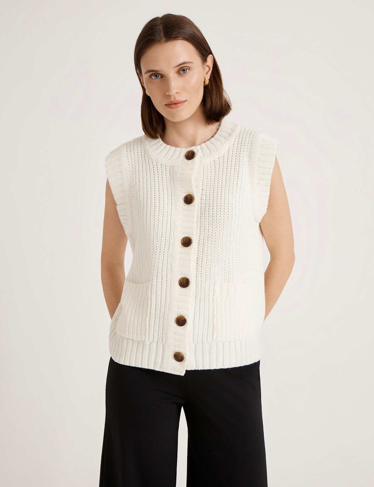 Finery London Textured Round Neck Button Knitted Vest Ivory