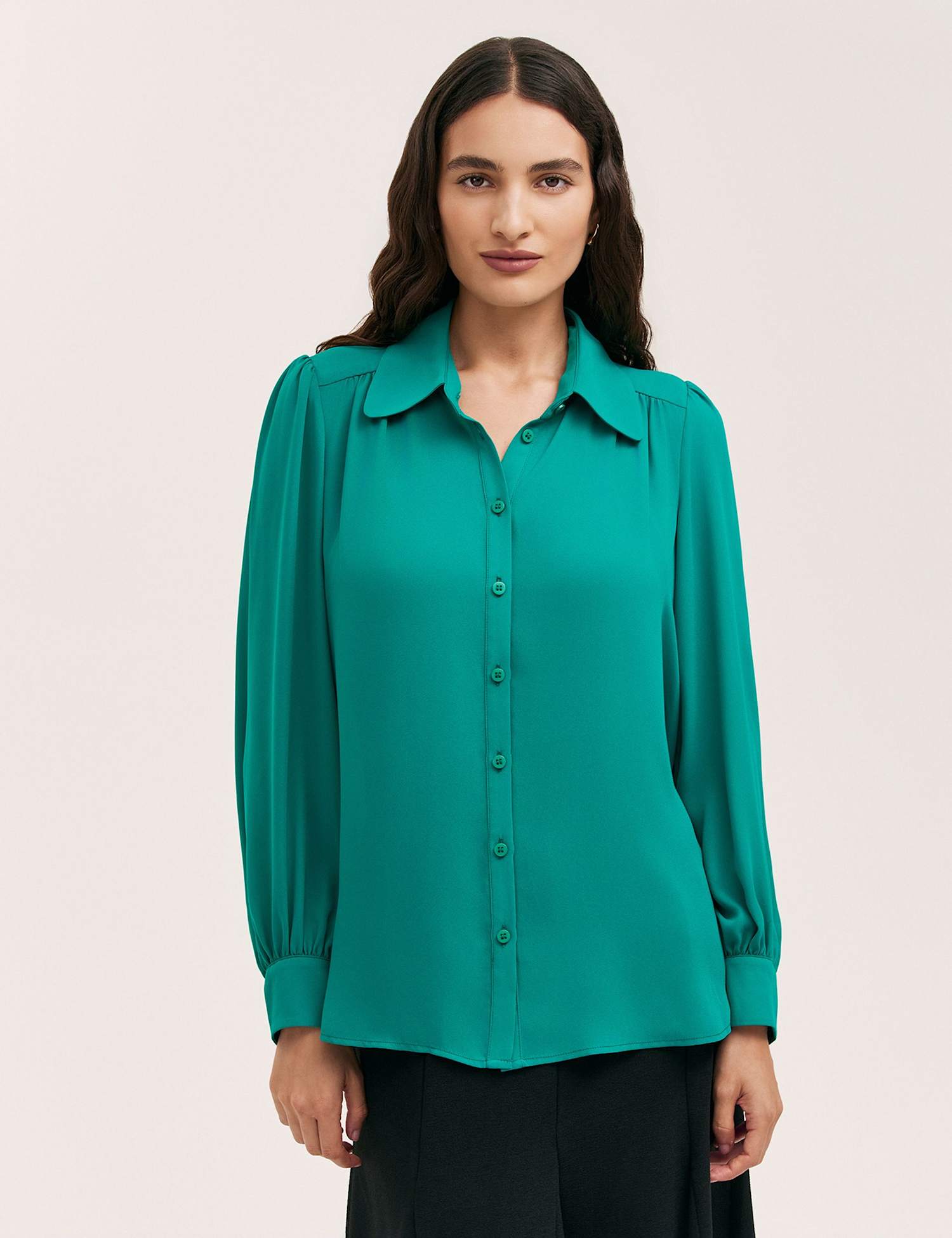 Finery London Collared Blouson Sleeve Shirt Green