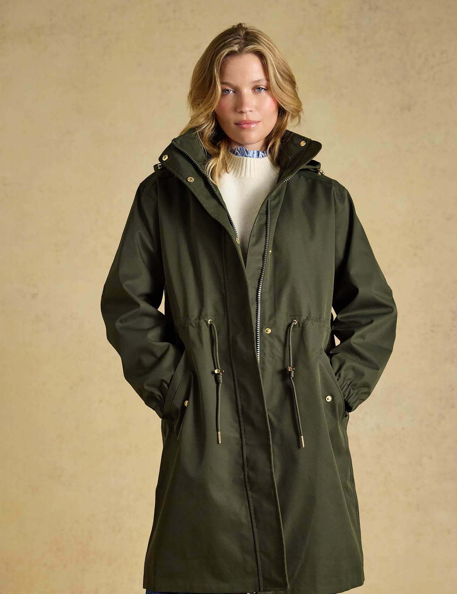 Joules Waterproof Drawstring Longline Raincoat Khaki