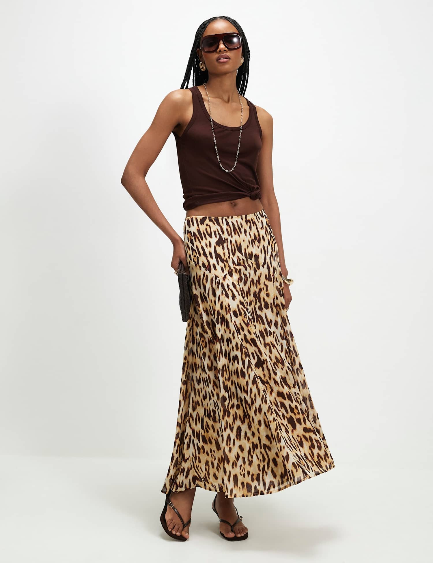River Island Animal Print Midi A-Line Skirt Brown Mix