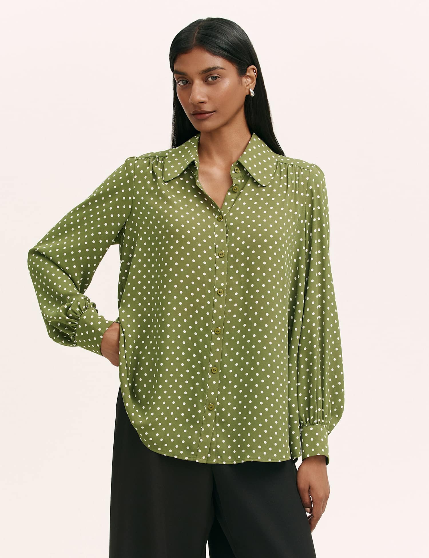 Finery London Polka Dot Collared Blouson Sleeve Blouse Green Mix