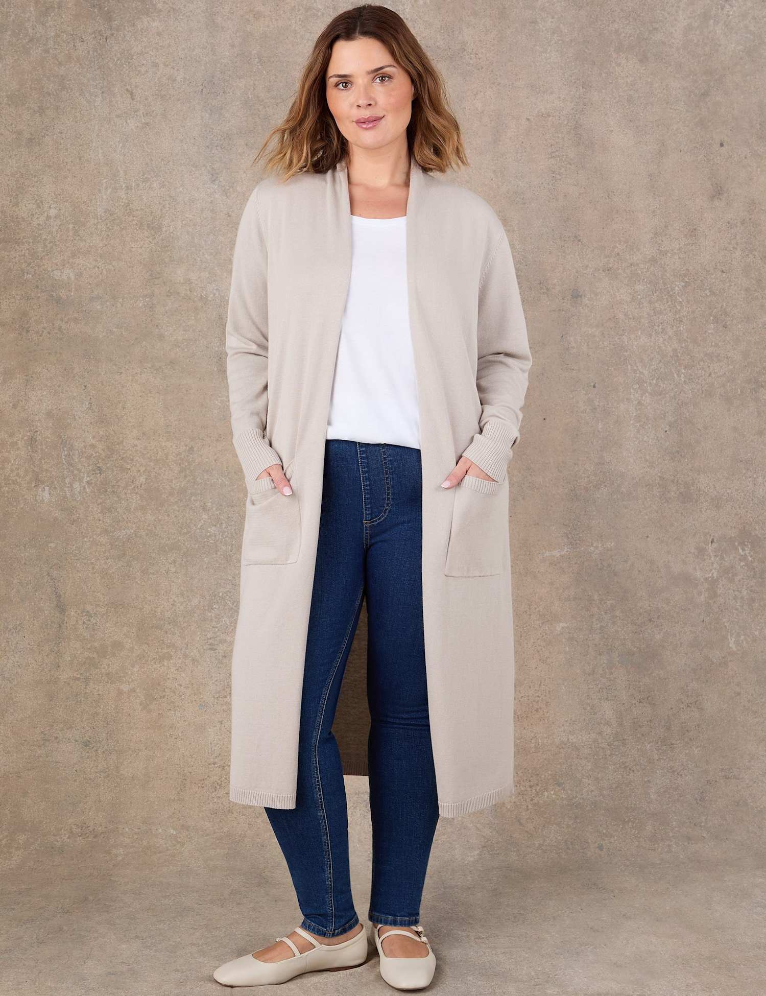 Live Unlimited London Cotton Rich Knitted Longline Cardigan Oatmeal