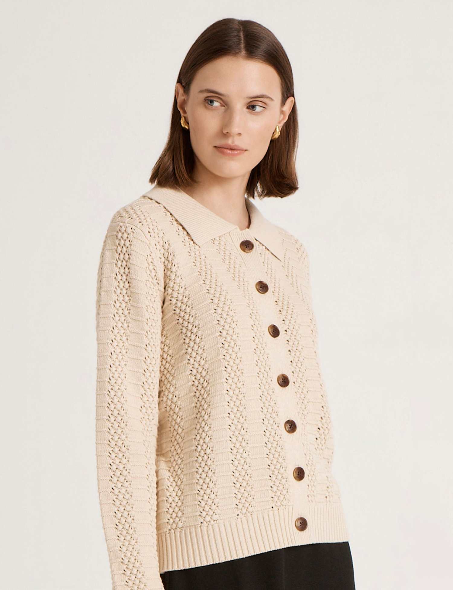 Finery London Pure Cotton Textured Collared Cardigan Oatmeal