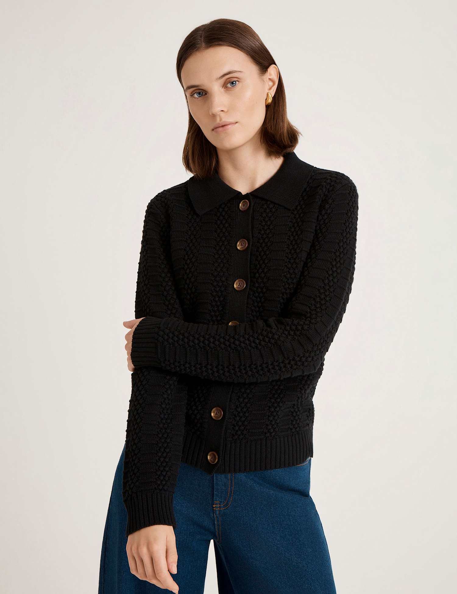 Finery London Pure Cotton Textured Collared Cardigan Black