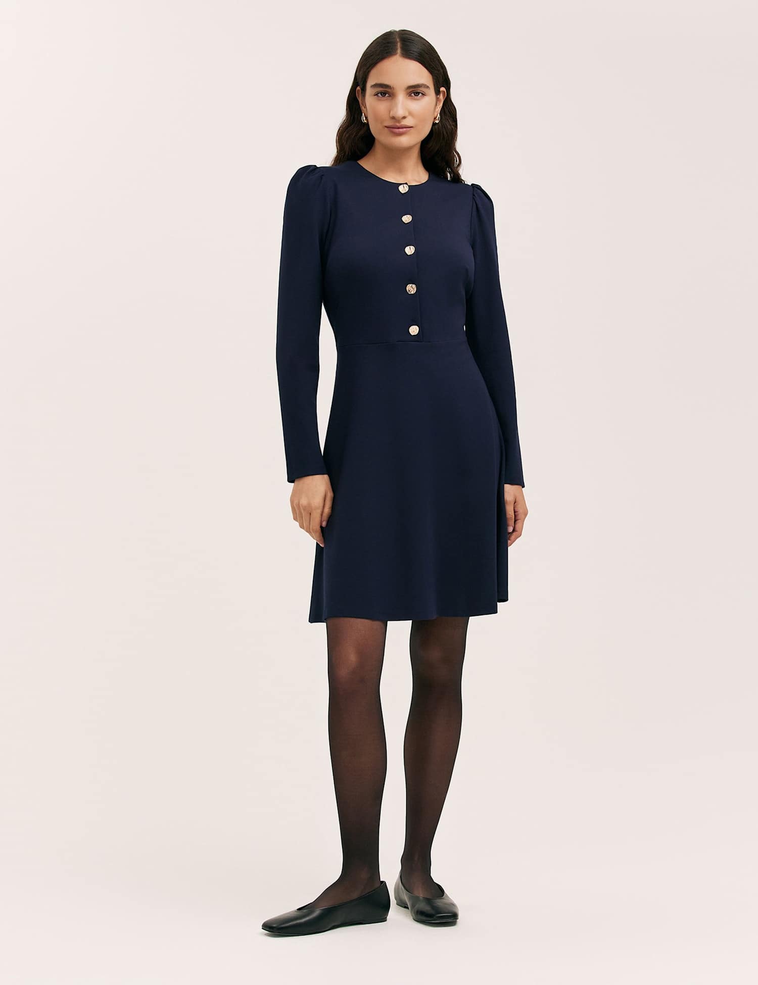 Finery London Jersey Button Front Knee Length Skater Dress Navy