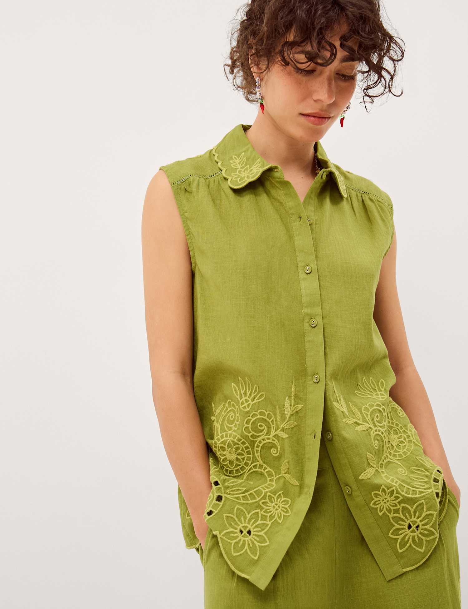 Monsoon Pure Cotton Floral Embroidered Collared Shirt Green