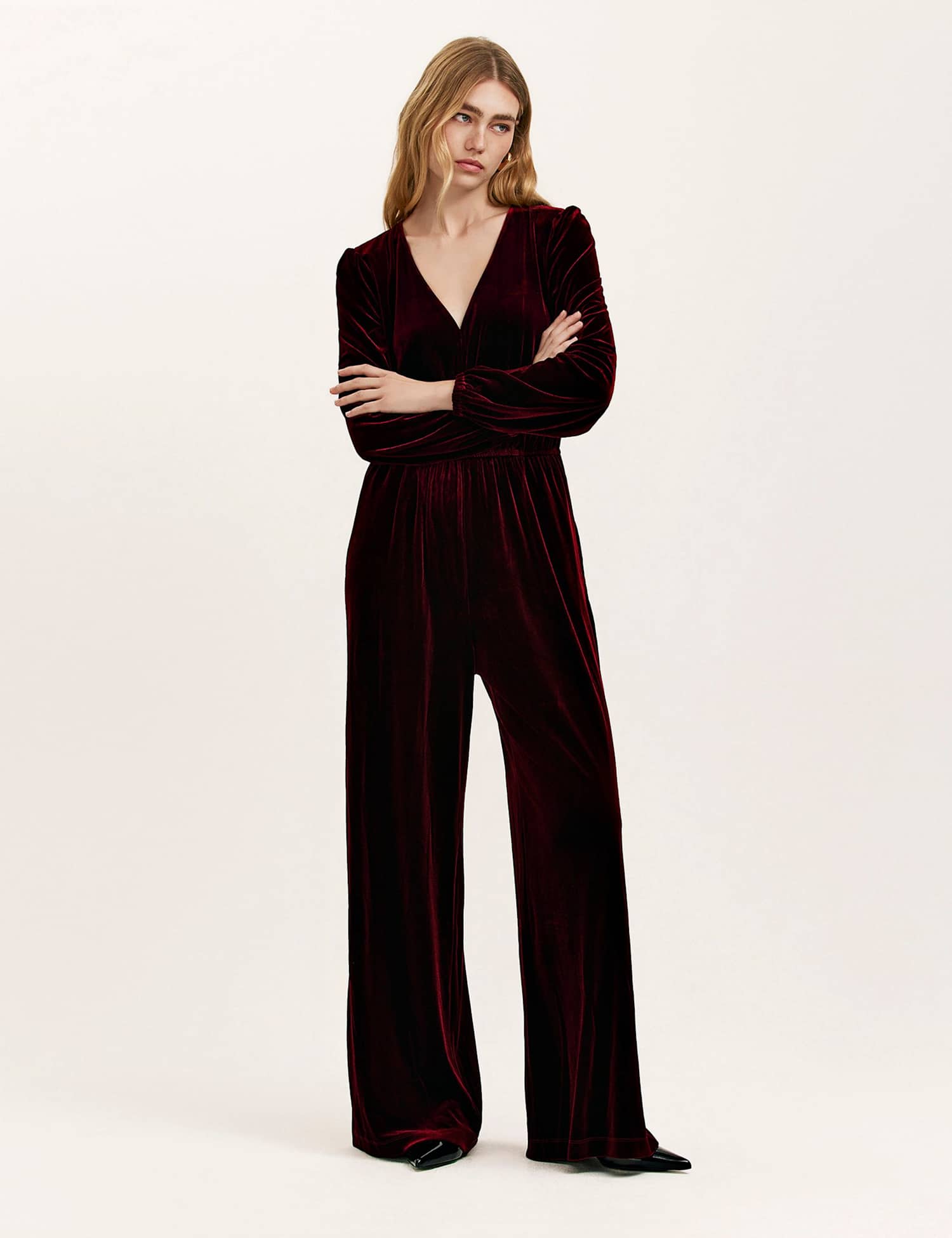 Finery London Velvet Jersey V-Neck Waisted Jumpsuit Burgundy