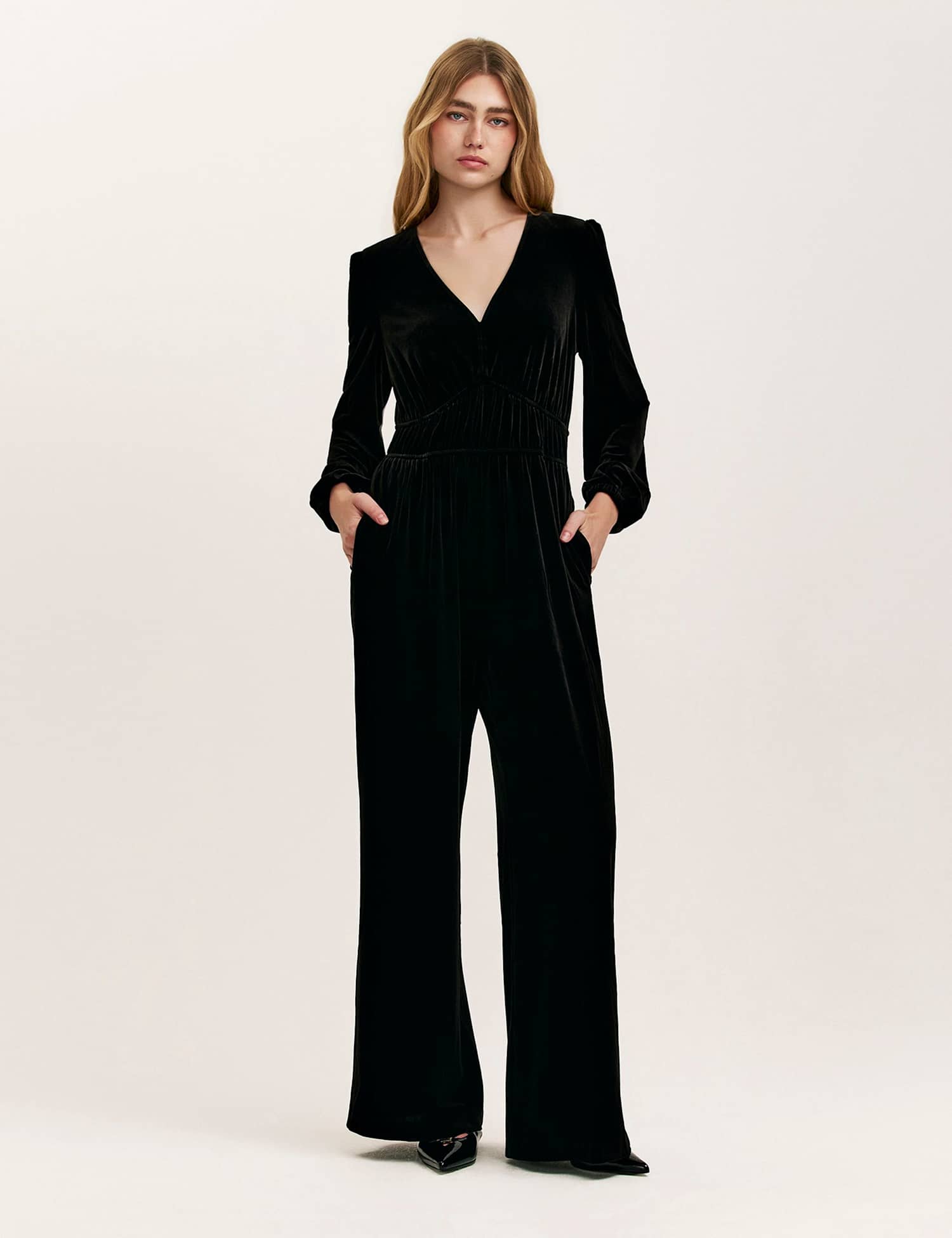 Finery London Velvet Jersey V-Neck Waisted Jumpsuit Black