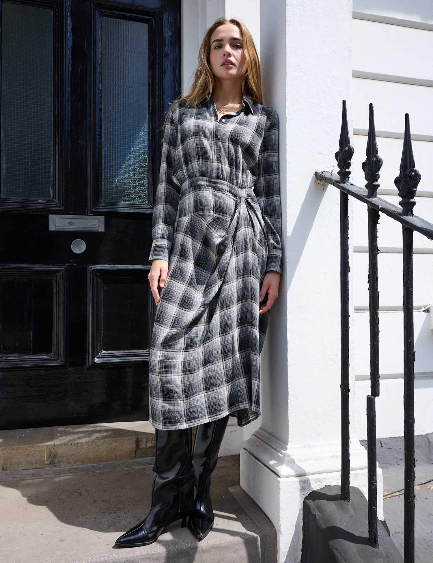 BAUKJEN Wool Blend Checked Midi Shirt Skater Dress Grey