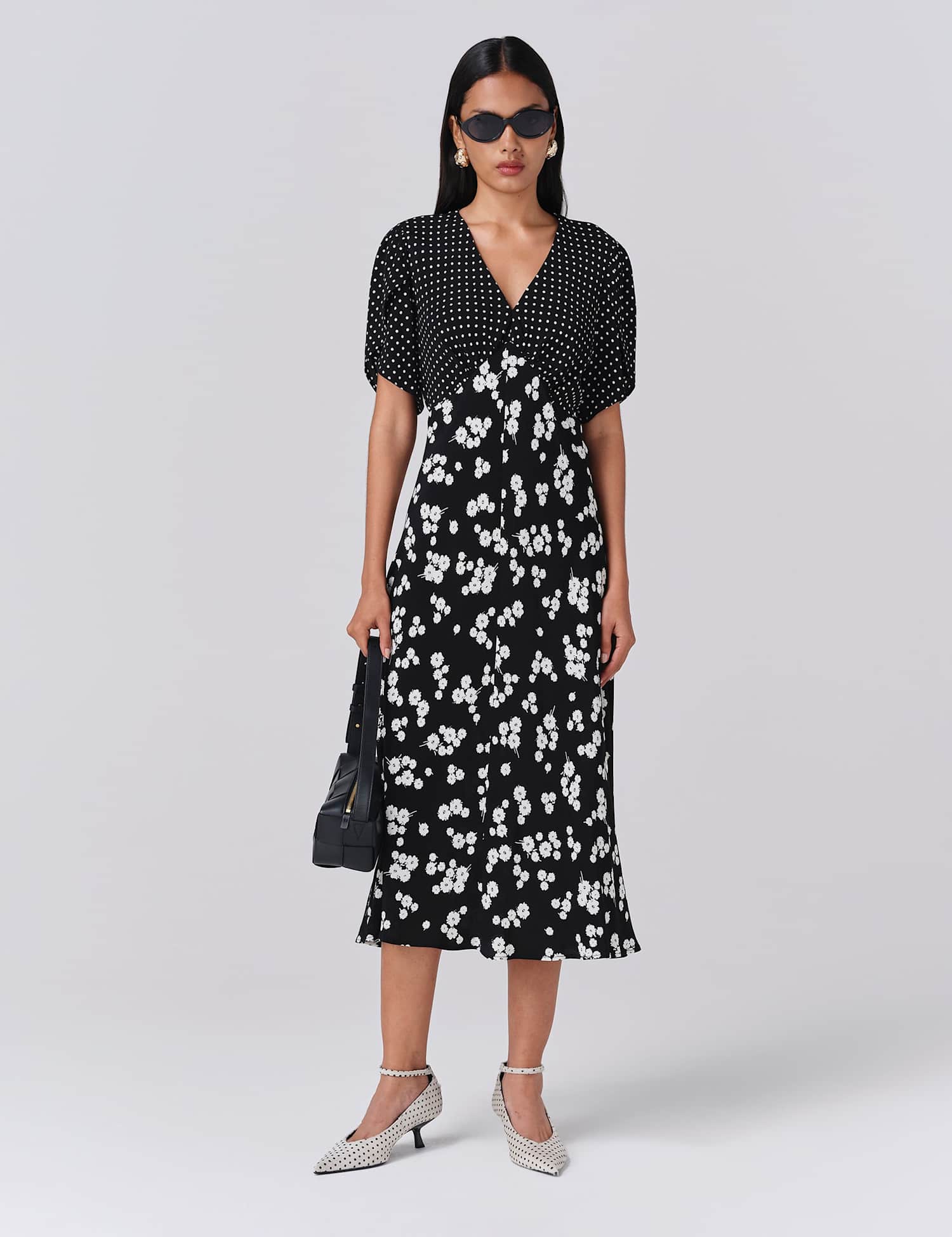 Ghost Floral V-Neck Midi Tea Dress Black Mix