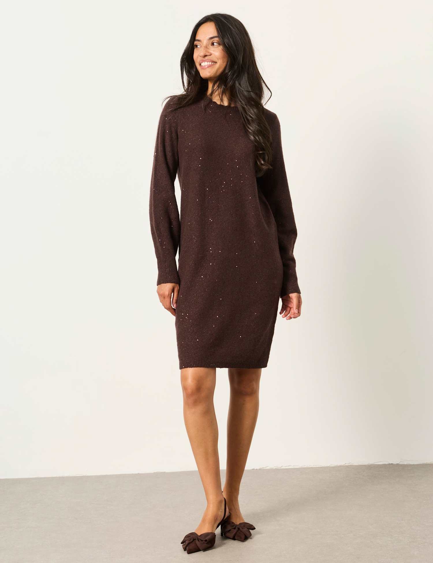 FatFace Cotton Blend Metallic Knitted Jumper Dress Chocolate