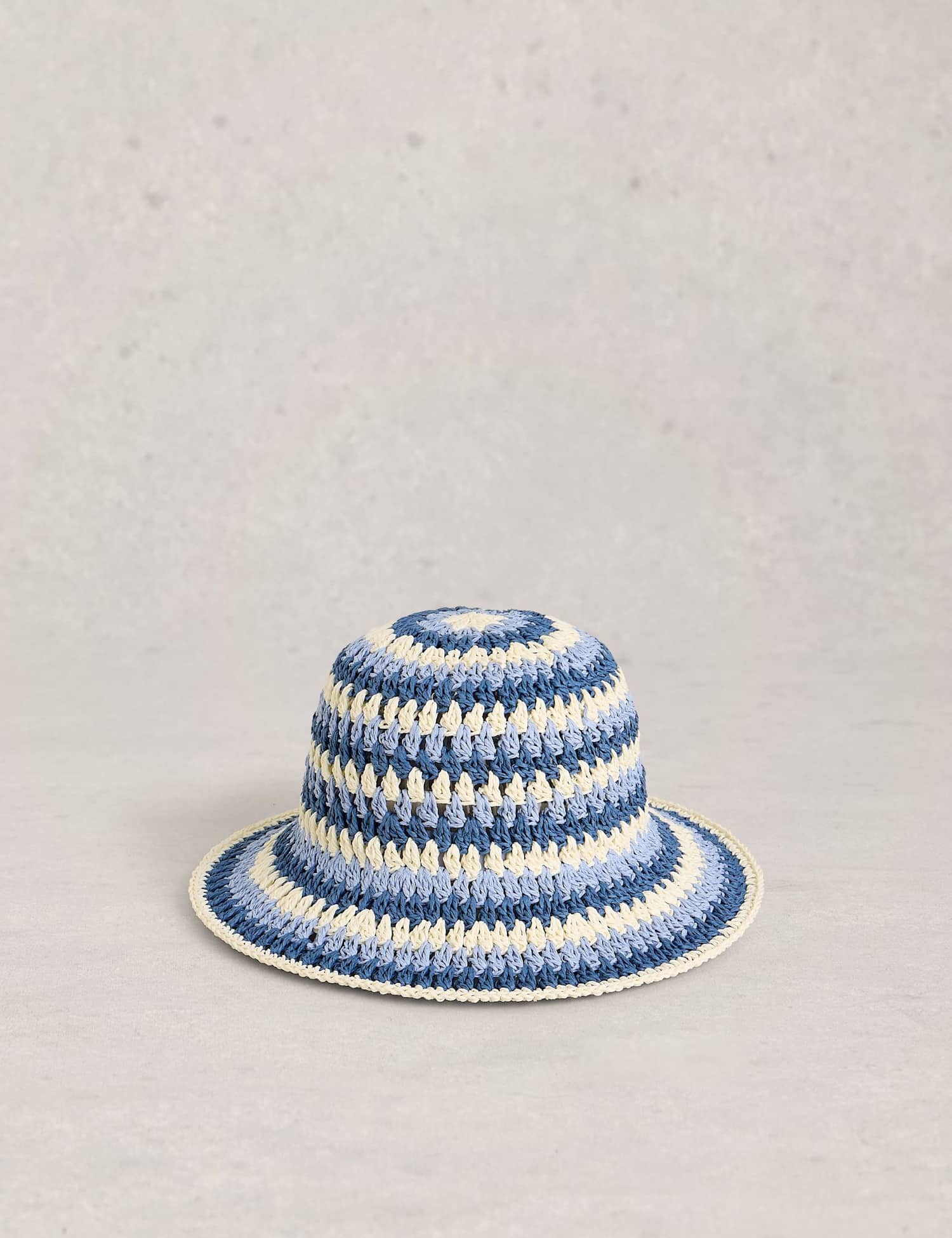 White Stuff Crochet Stripe Bucket Hat Blue Mix