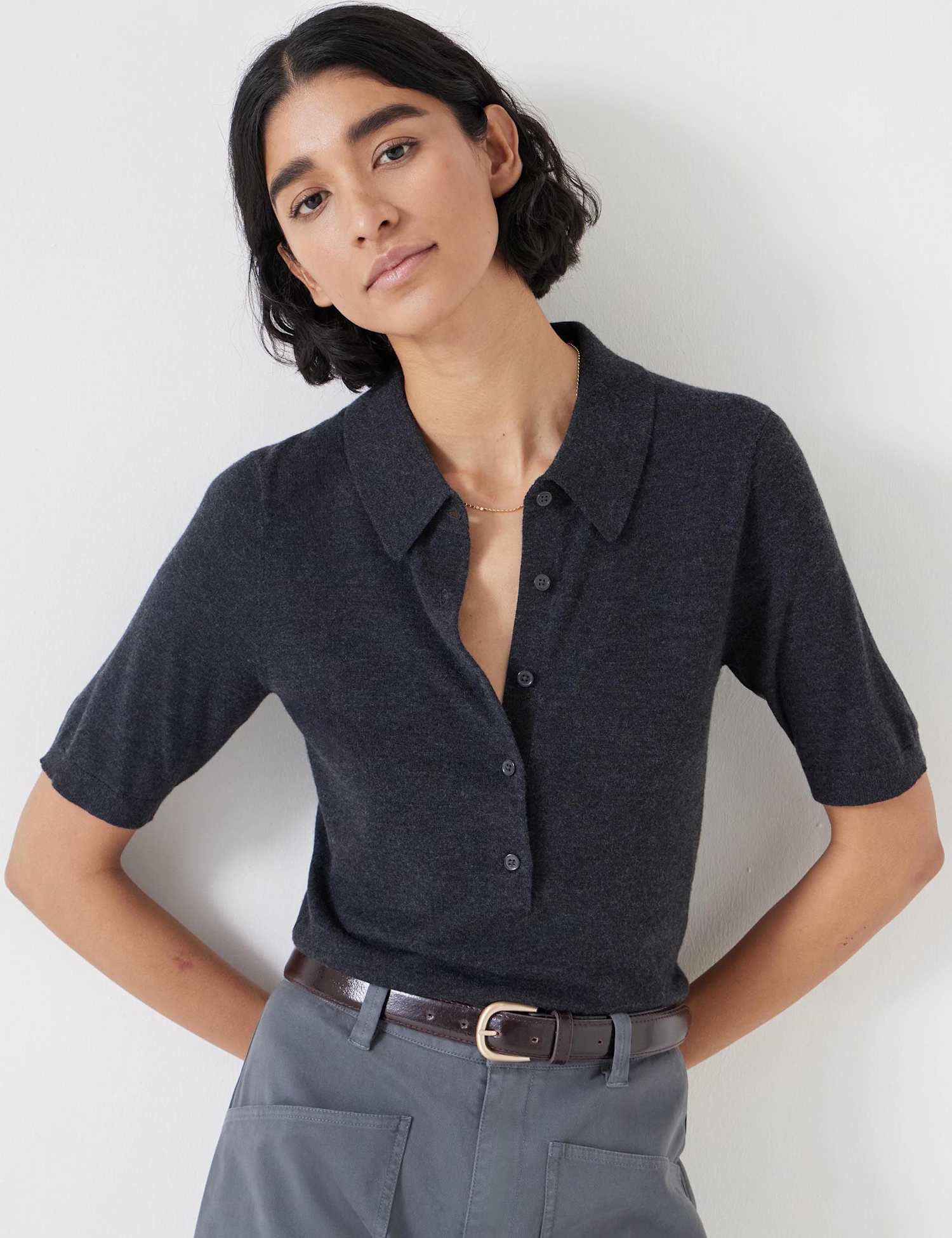 HUSH Wool Blend Collared Neck Knitted Top Charcoal