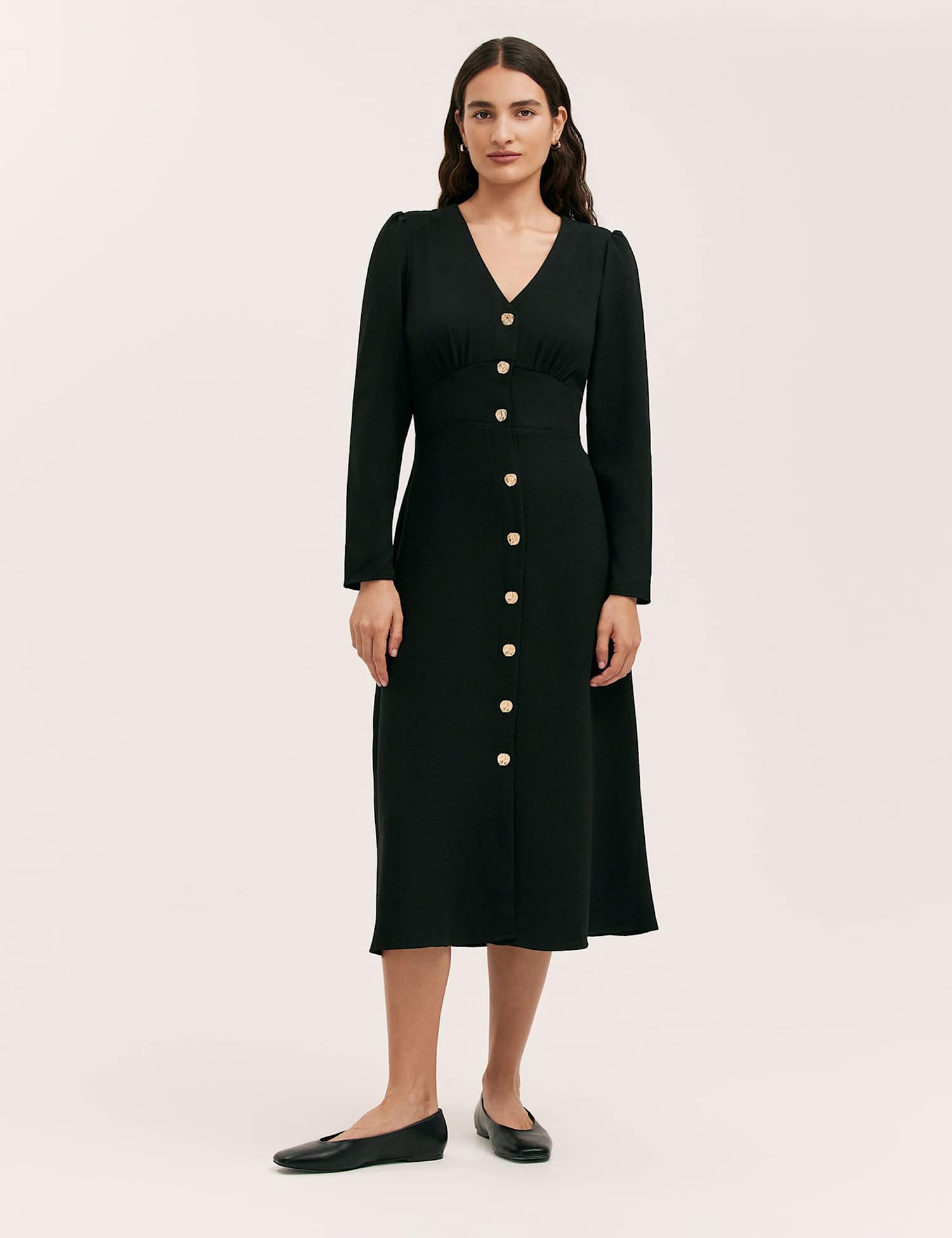 Finery London Crepe V-Neck Midi Waisted Dress Black