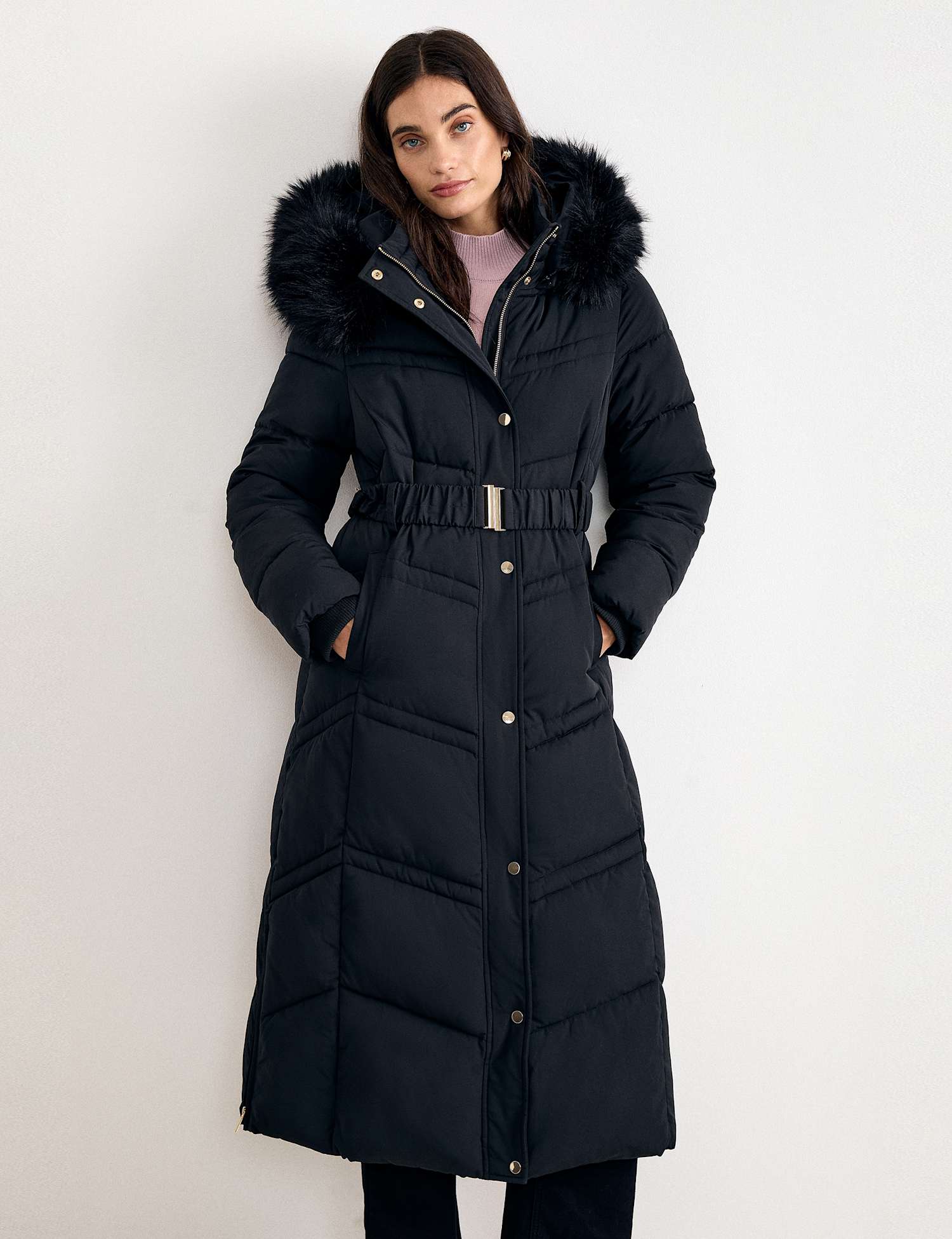 Phase Eight Hooded Belted Longline Puffer Coat Black