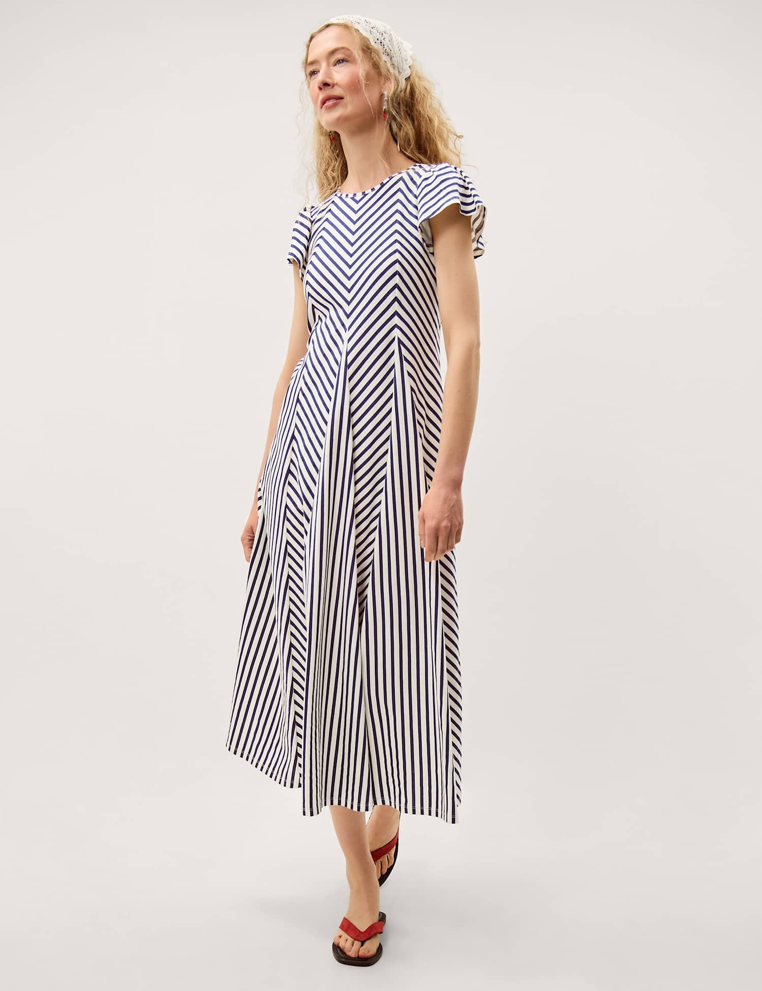 Monsoon Pure Cotton Jersey Striped Midi Dress Blue Mix