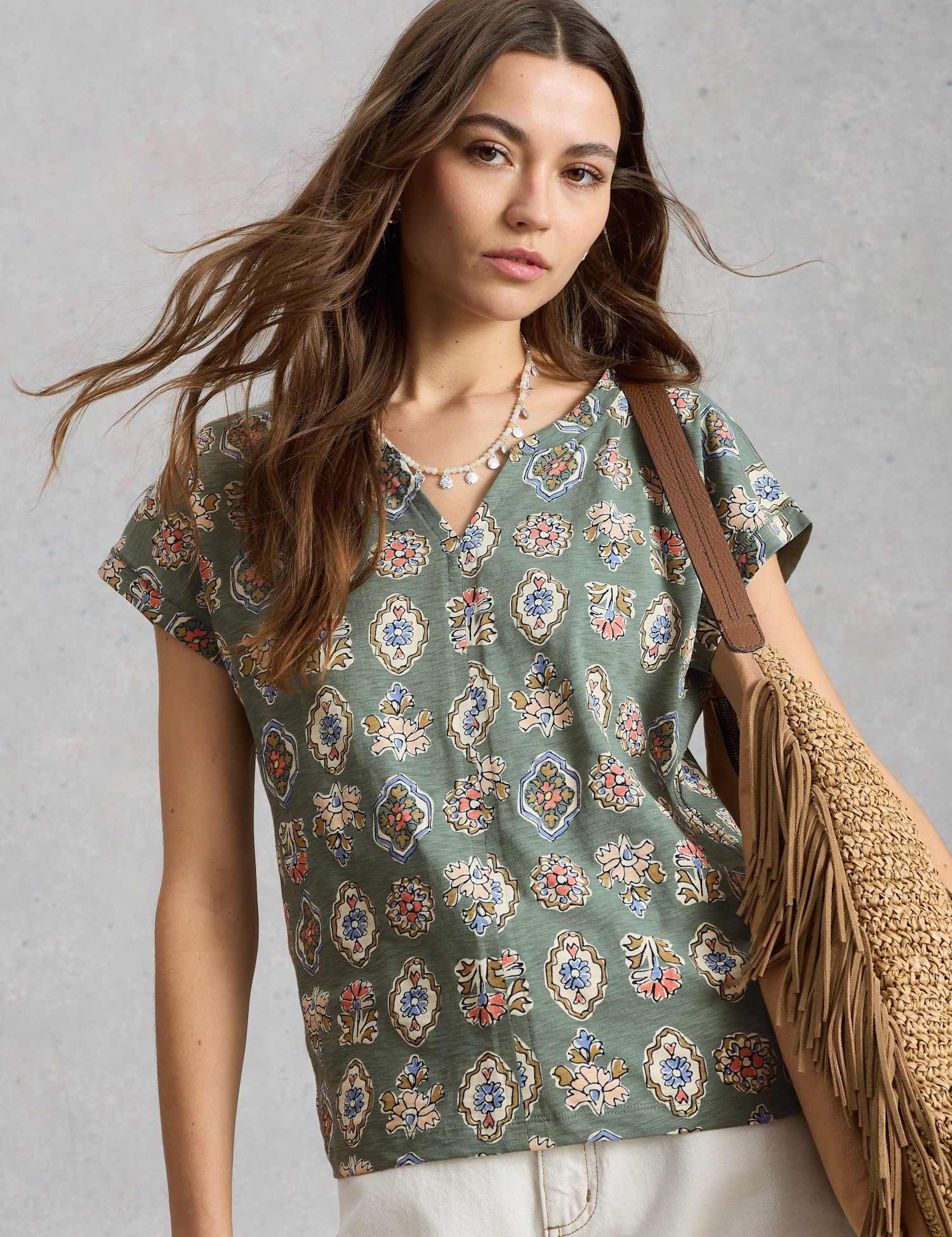 White Stuff Pure Cotton Printed T-Shirt Green Mix