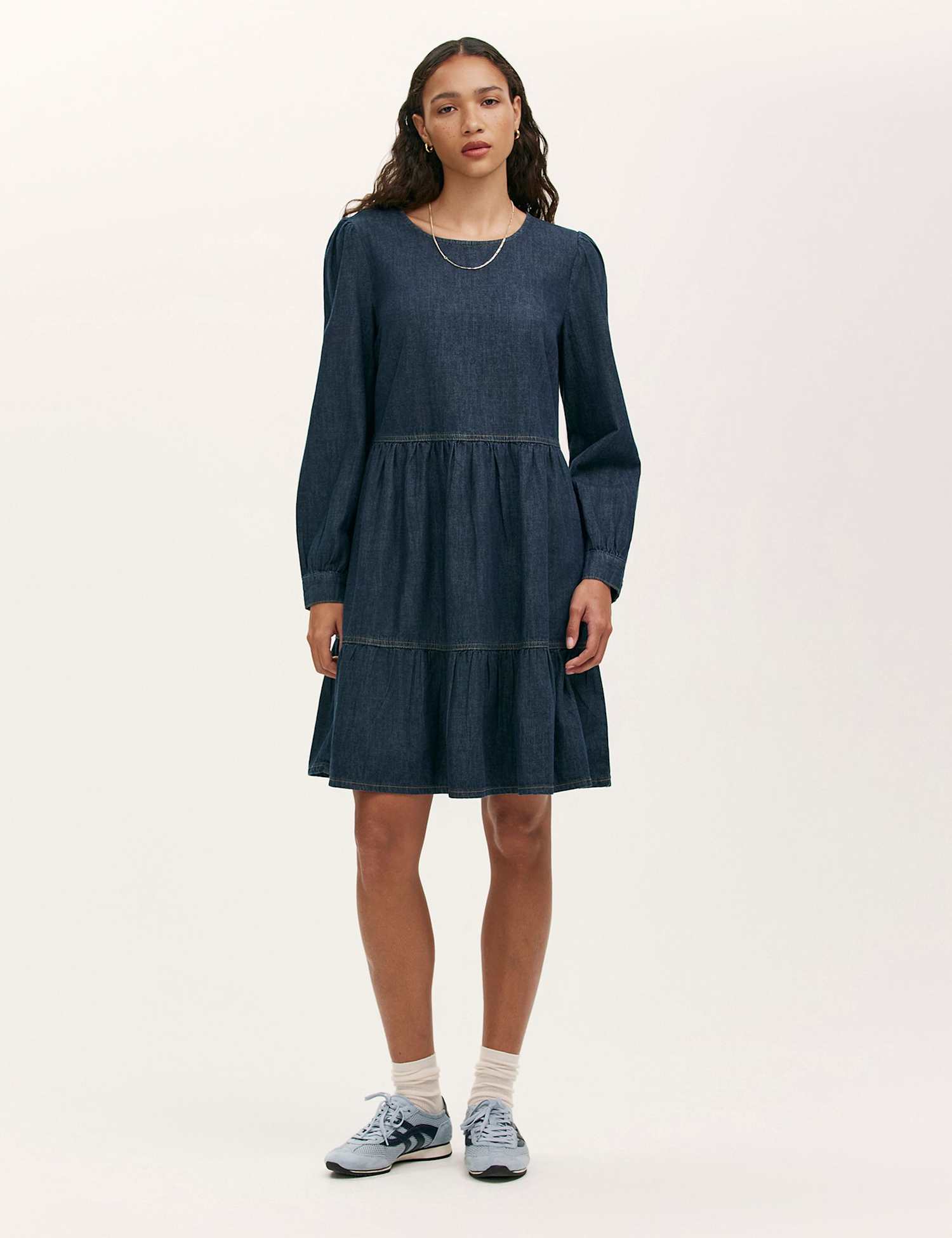 Finery London Denim Round Neck Midi Tiered Dress Indigo