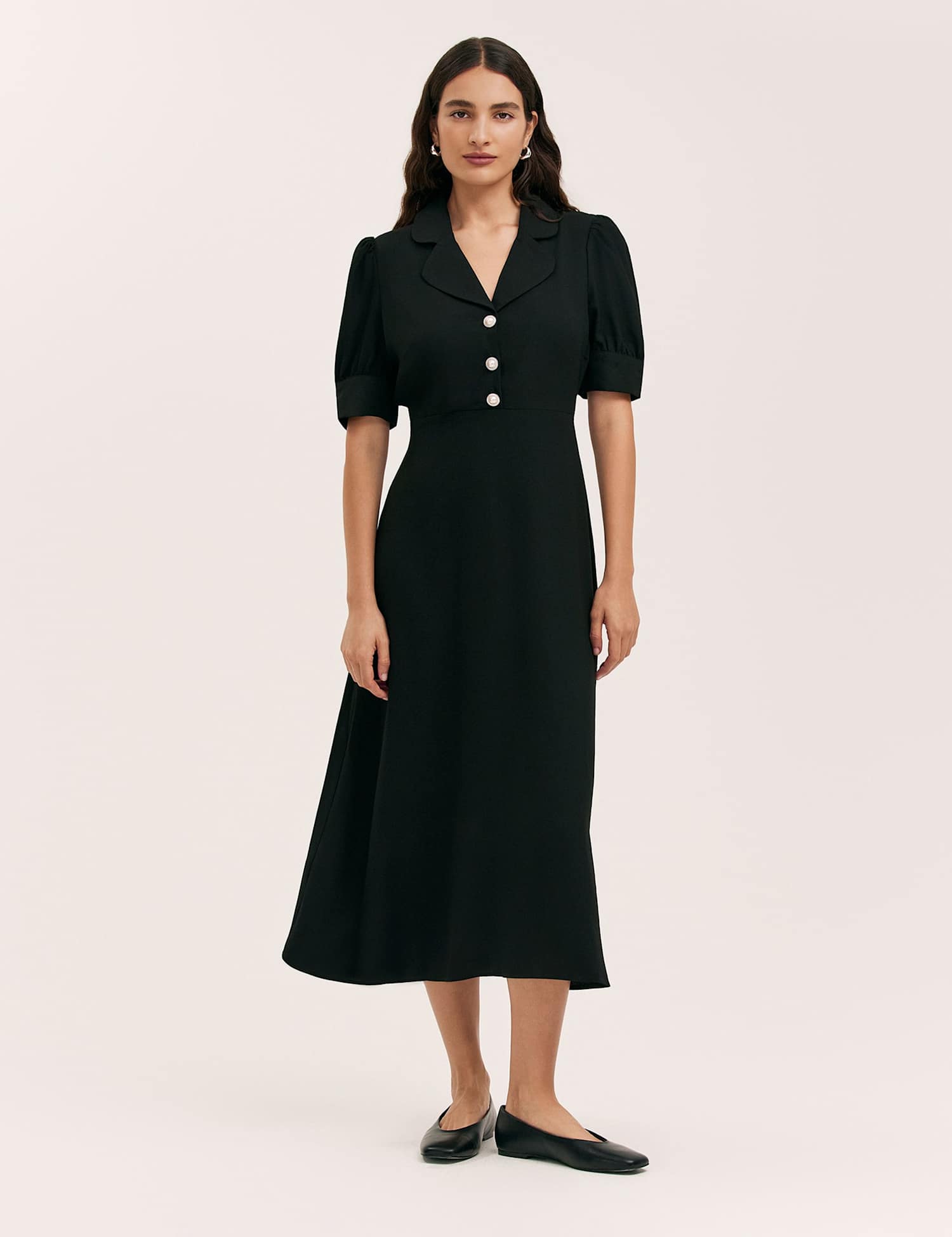 Finery London Crepe Collared Puff Sleeve Midi Tea Dress Black