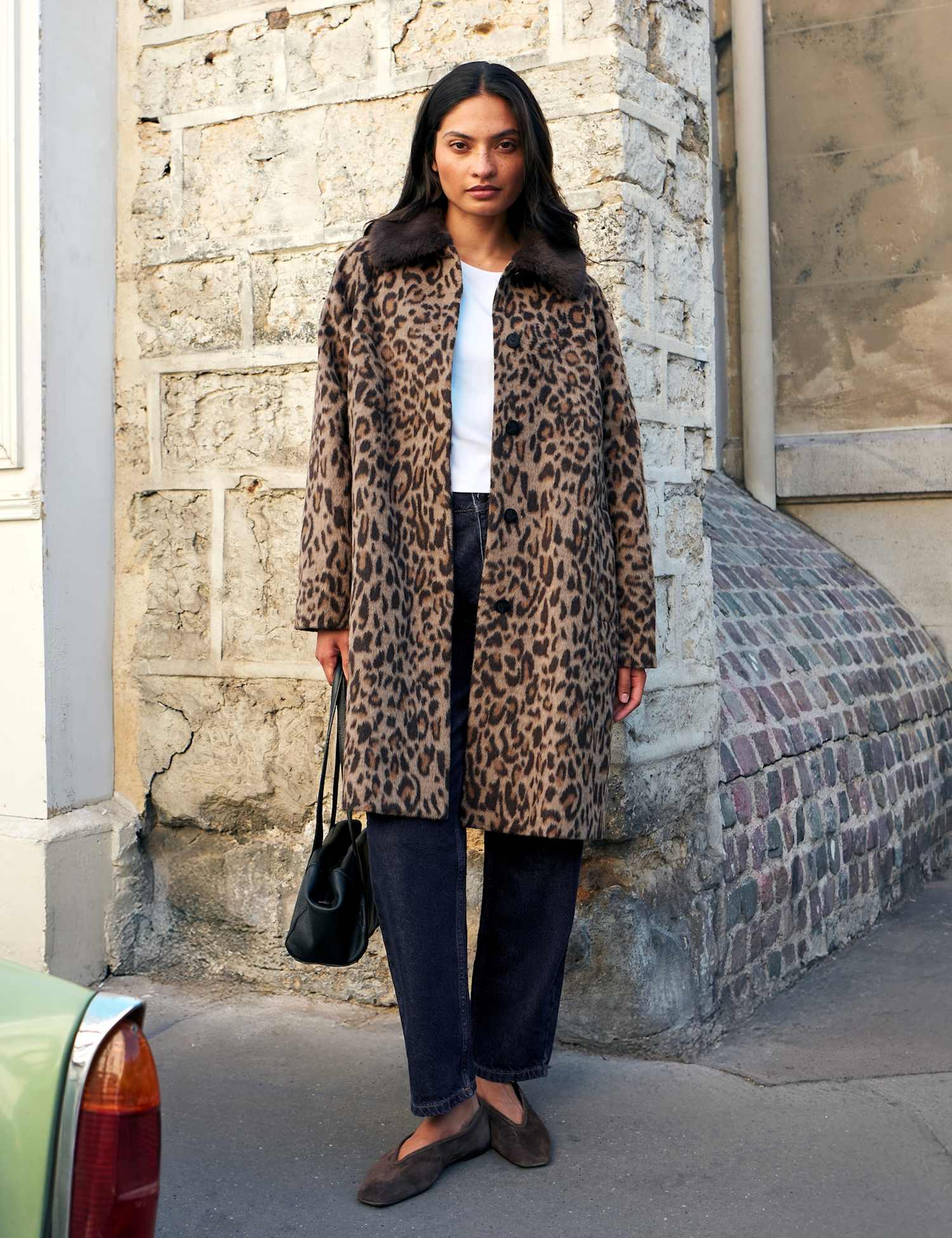 RO&ZO Leopard Print Faux Fur Trim Car Coat with Wool Brown Mix