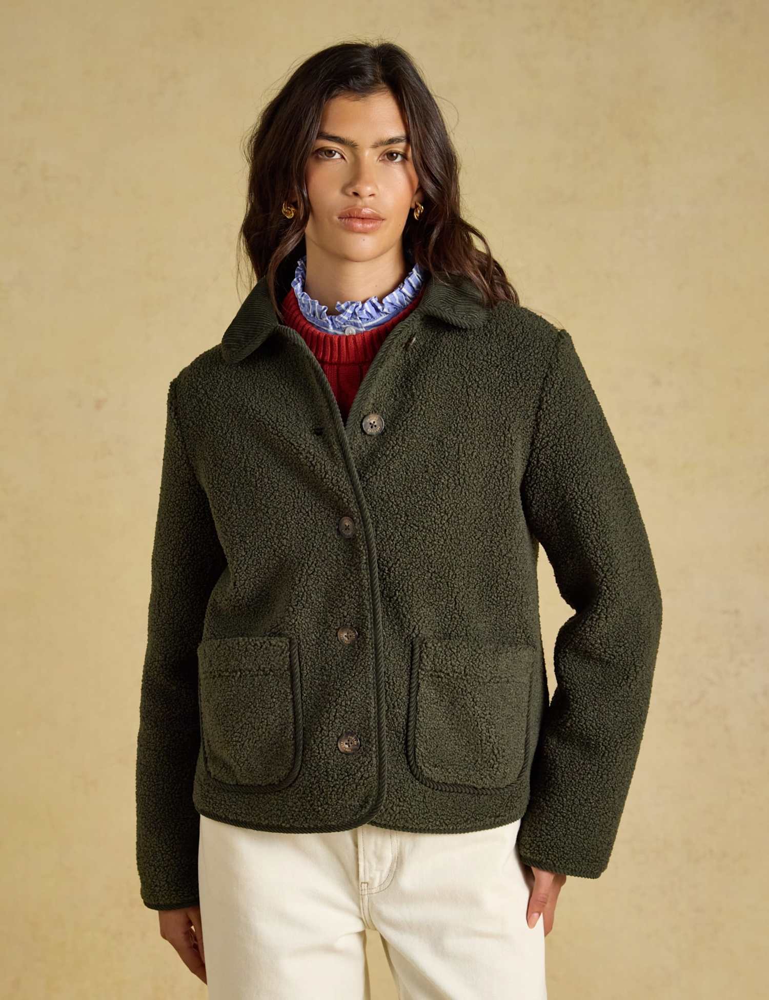 Joules Button Through Fleece Jacket Khaki