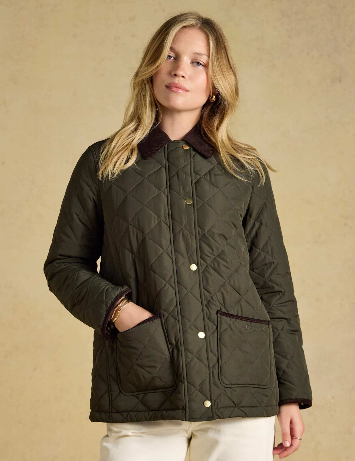 Joules Cotton Diamond Quilted Printed Jacket Khaki Mix