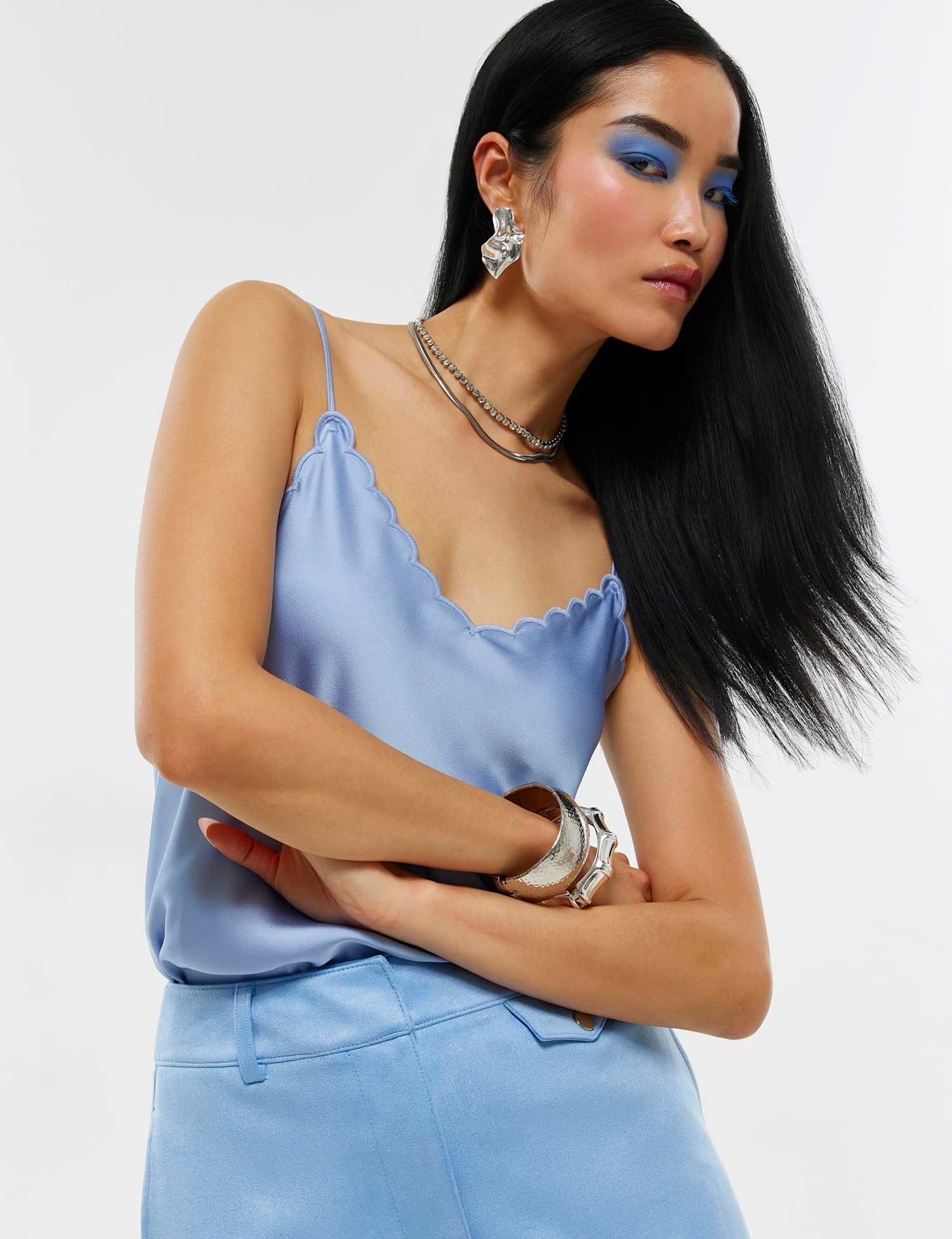 River Island Satin V-Neck Cami Top Blue