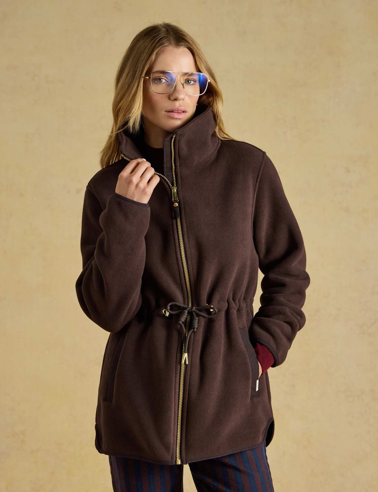 Joules Longline Funnel Neck Fleece Jacket Brown