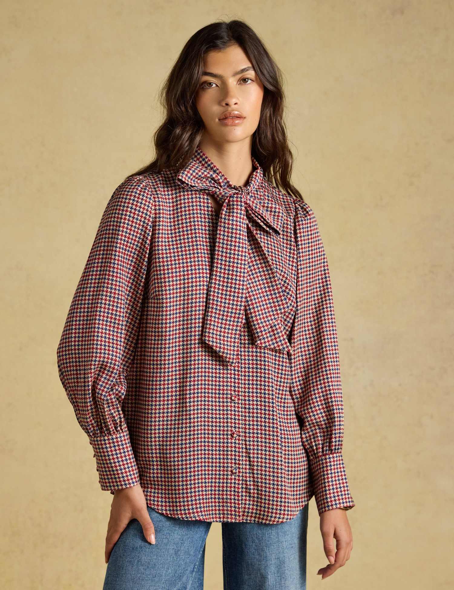 Joules Lyocell Checked Tie Neck Blouse Brown Mix