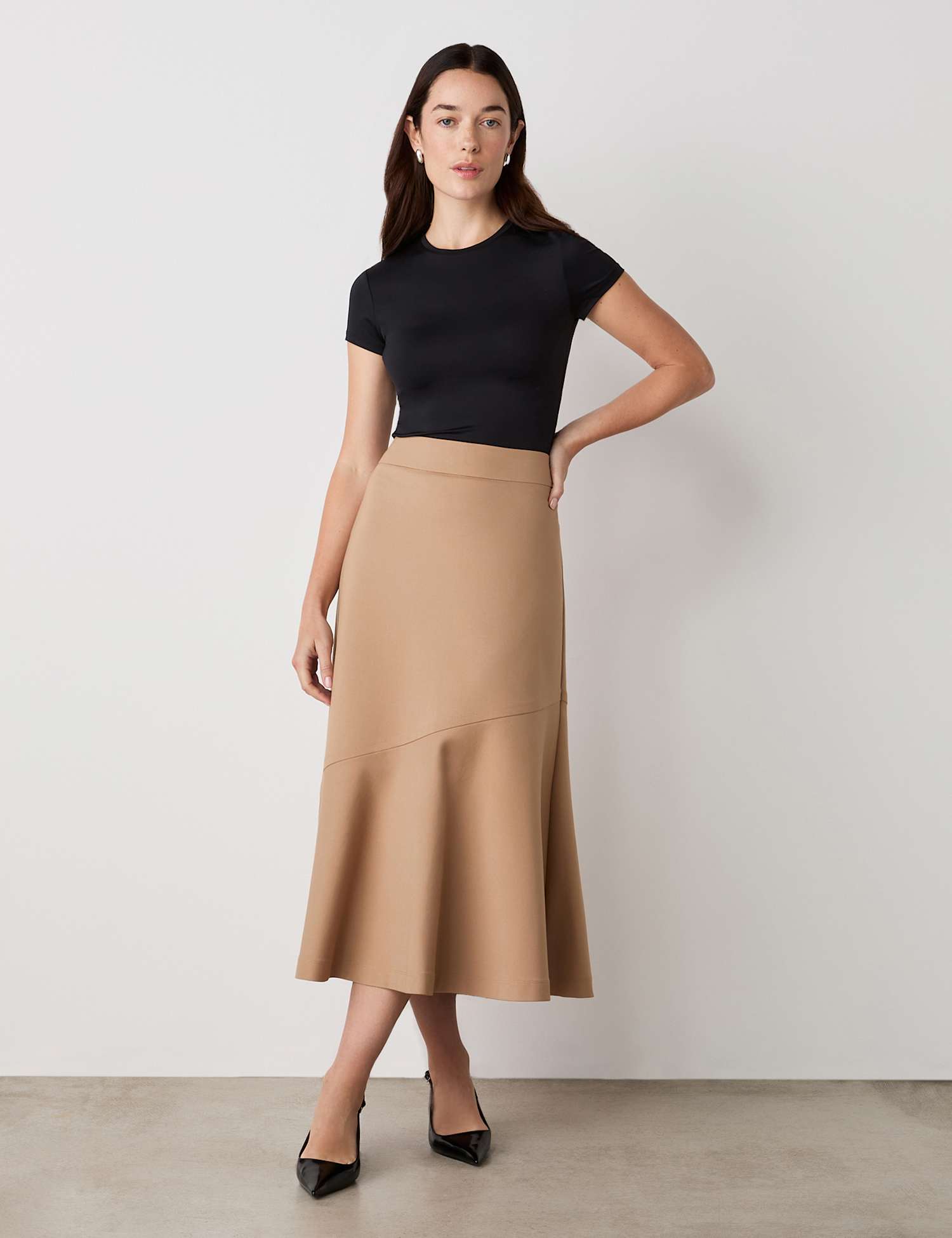 Finery London Ponte Jersey A-Line Midi Skirt Brown