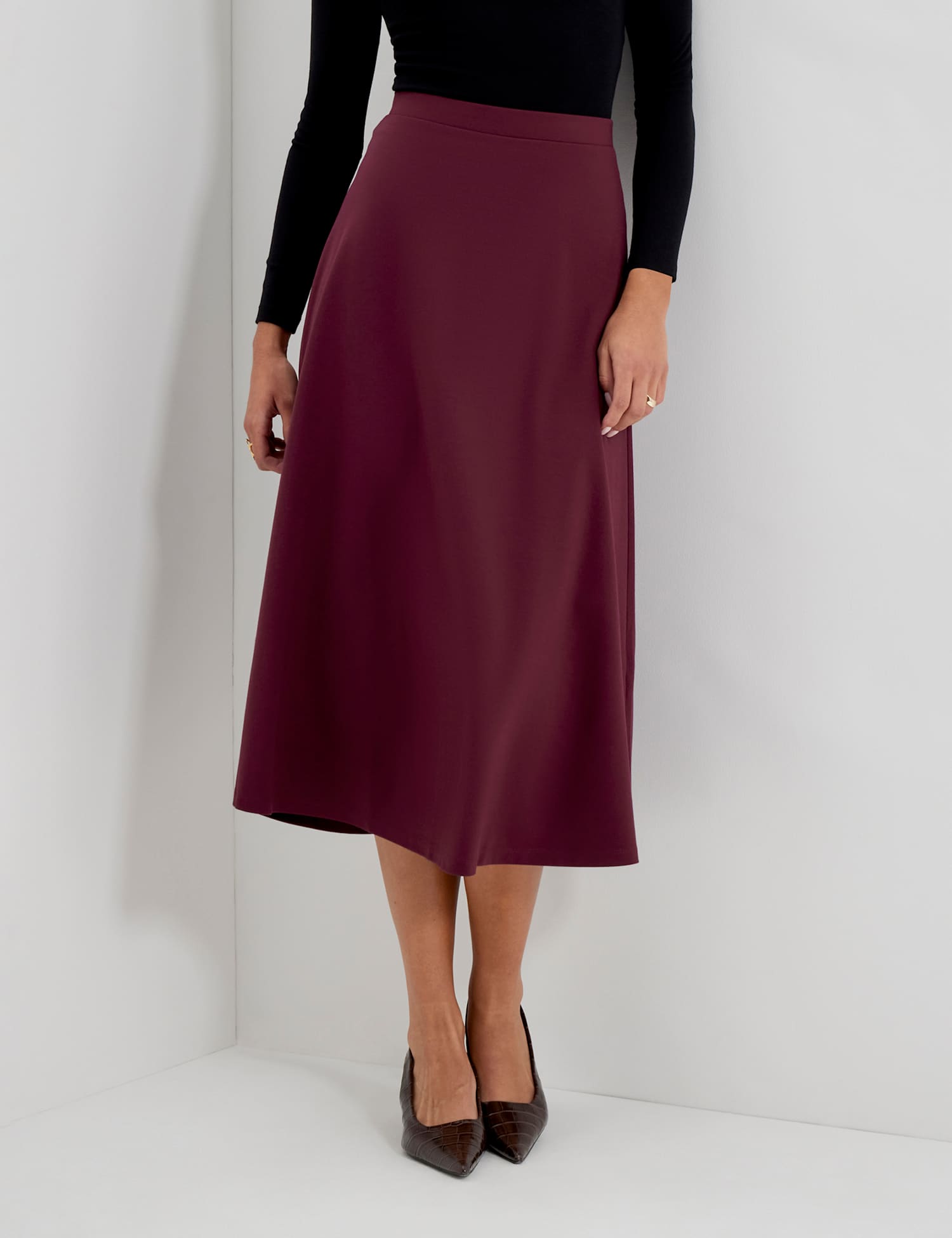 Finery London Ponte Jersey Midi A-Line Skirt Burgundy