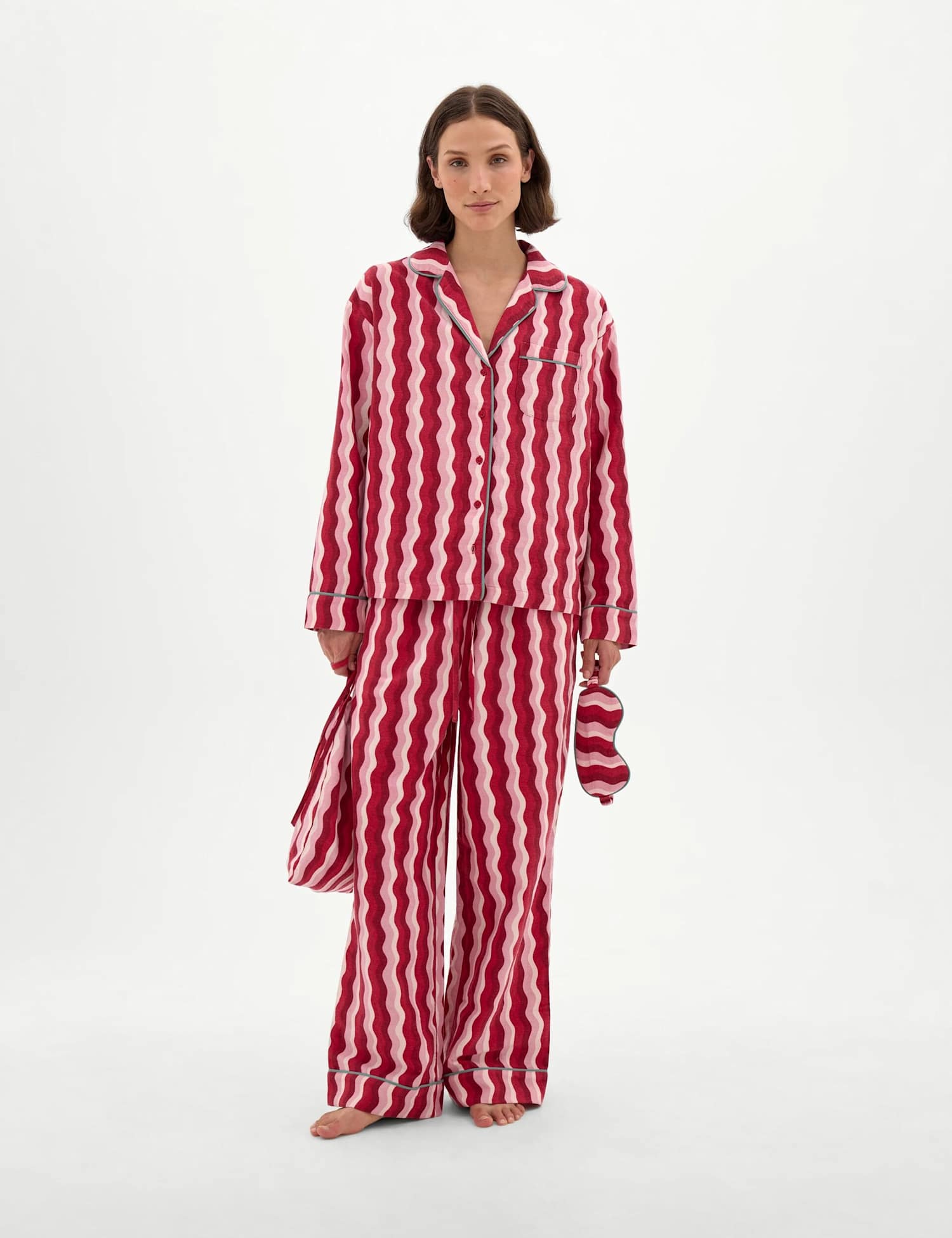 HUSH Brushed Cotton Rever Collar Pyjama Set Red Mix
